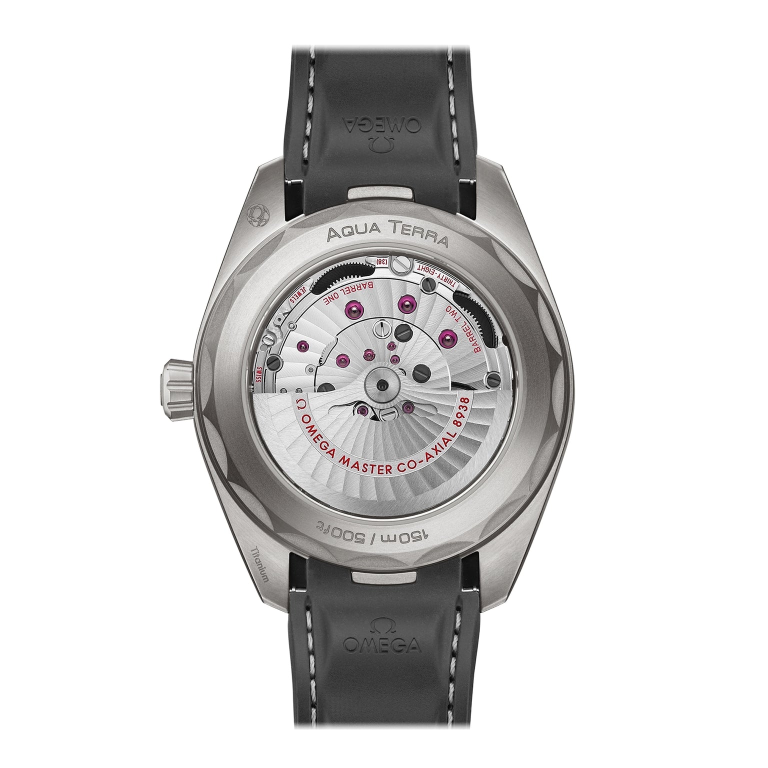 Back view of the OMEGA Seamaster Aqua Terra 150M, showcasing its exposed movement through a transparent caseback, refined engravings, black leather strap, and sturdy titanium case.