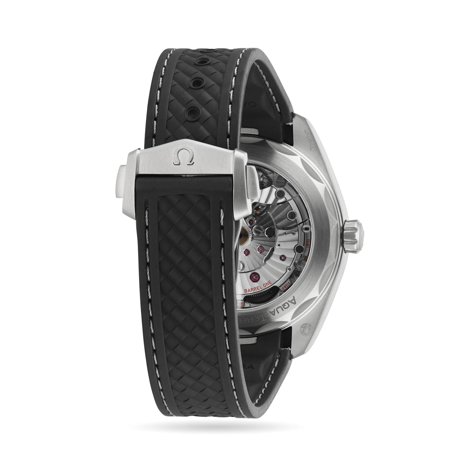 Back view of the OMEGA Seamaster Aqua Terra 150M with visible mechanical movement, black textured rubber strap, titanium case, and stainless steel clasp displaying the OMEGA logo.