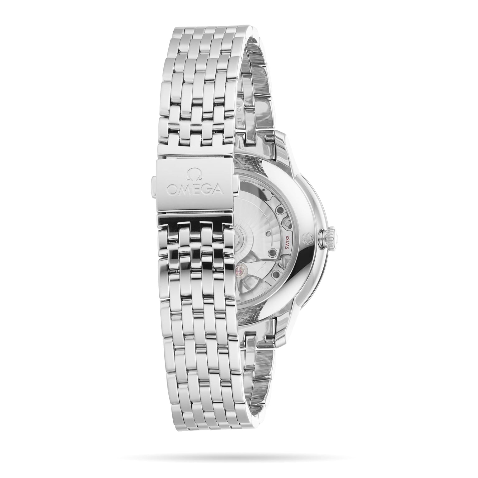 Back view of the OMEGA De Ville Prestige wristwatch, featuring a metal bracelet, transparent case back showcasing the Master Co-Axial Calibre 8810 movement, and OMEGA logo on the clasp—a fusion of modern innovation and timeless style.