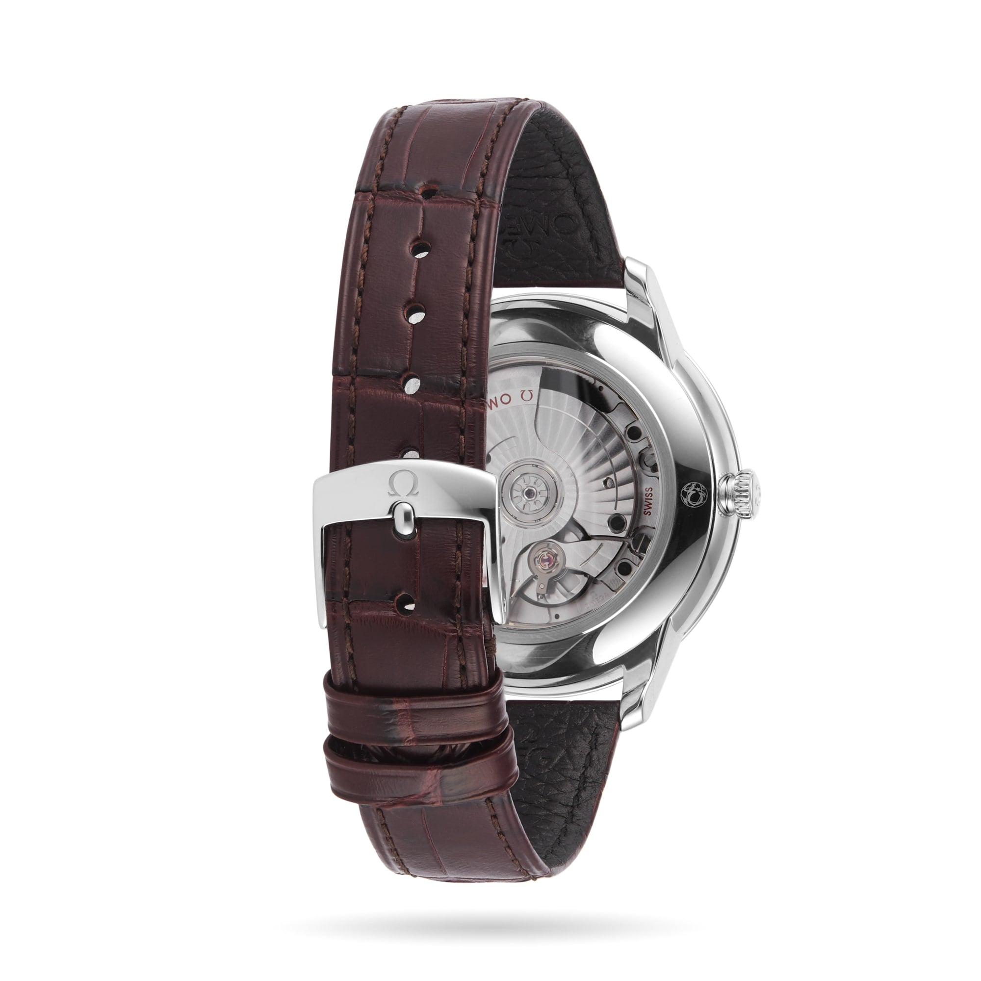 The OMEGA De Ville Prestige wristwatch features a brown leather strap, stainless steel buckle, and a transparent case back that reveals its Master Co-Axial Calibre 8802 movement, showcasing the watch’s classical design.