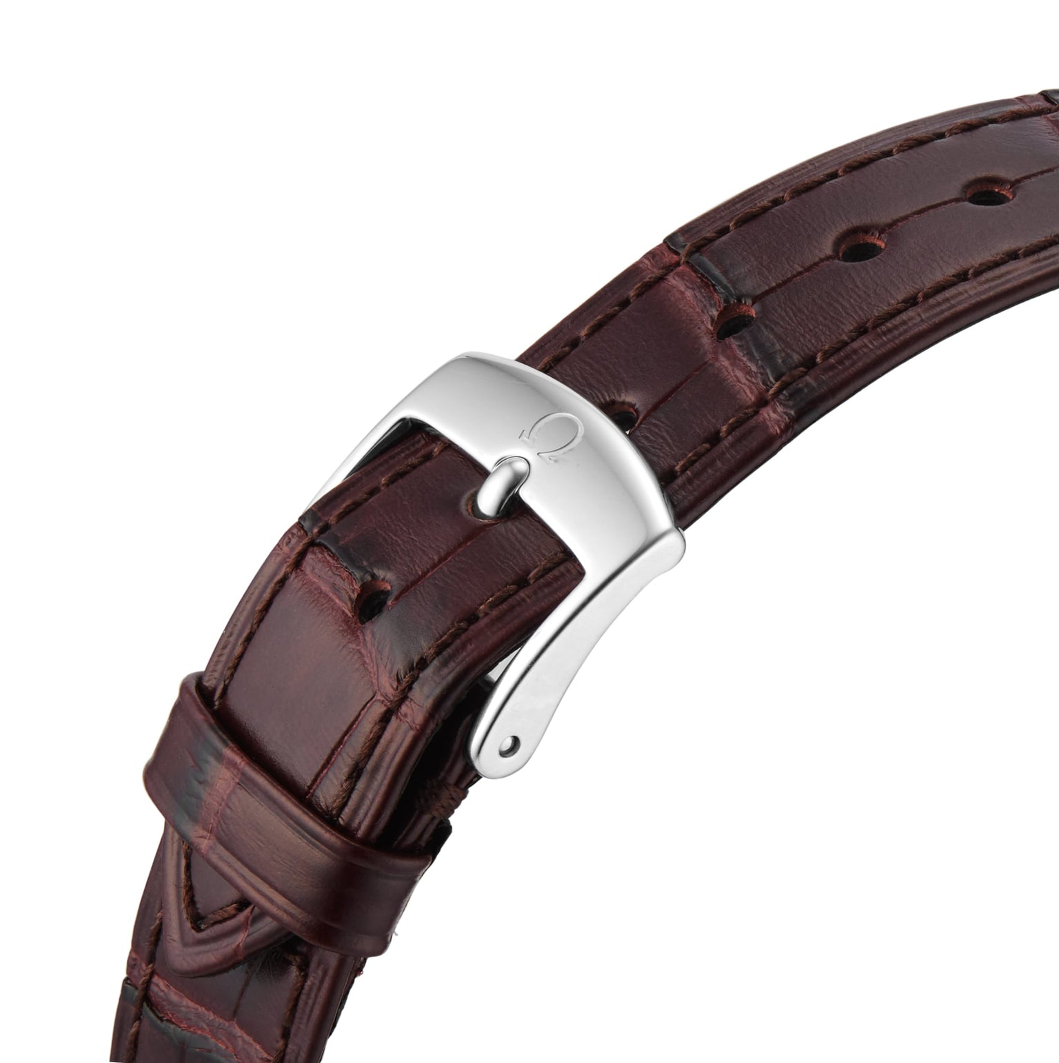 Close-up of a brown leather strap with visible stitching and a silver buckle, reflecting the classic design of the OMEGA De Ville Prestige.