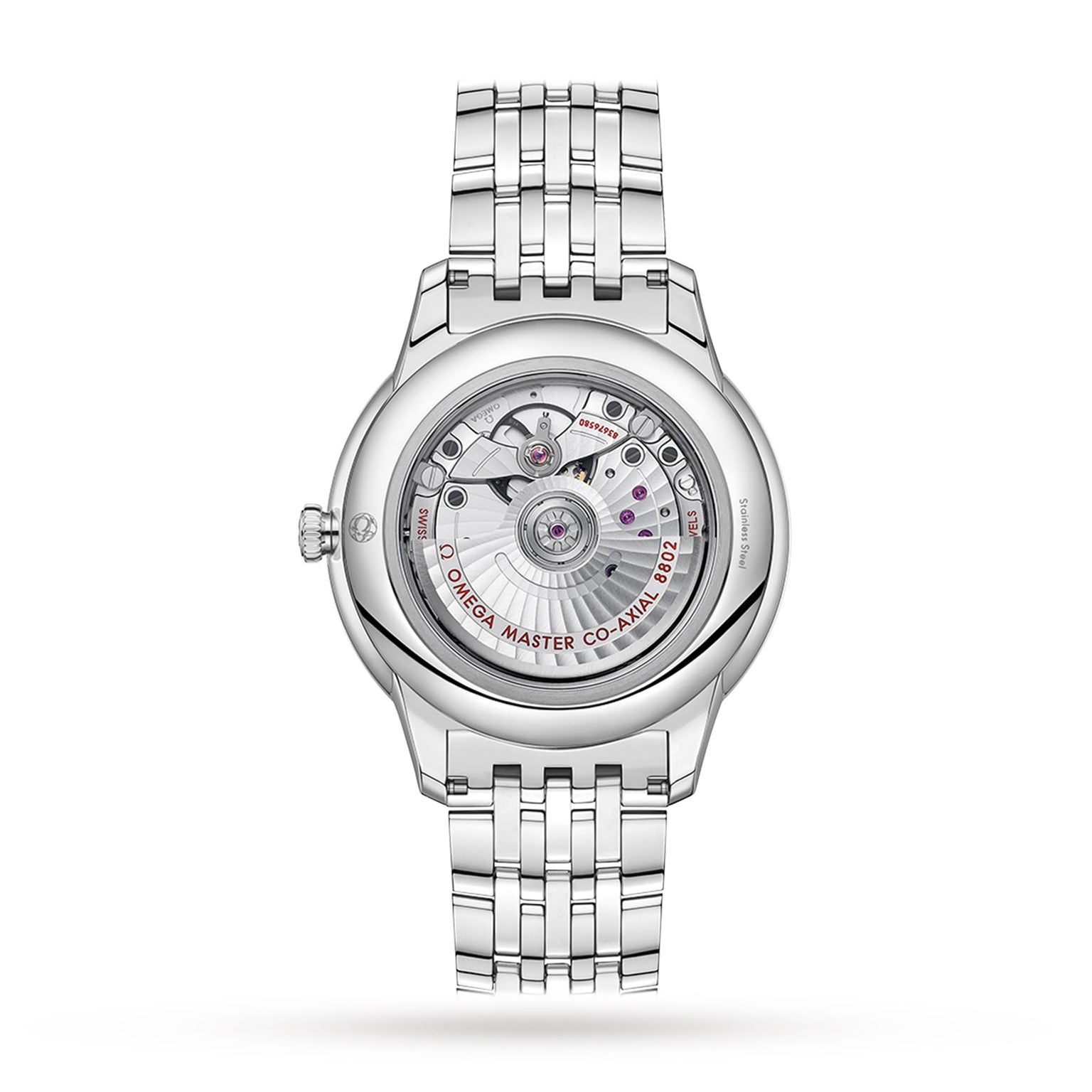 The back of the OMEGA De Ville Prestige displays its classic design, featuring the exposed Co-Axial Calibre 8802 movement with engraved details and visible gears through a transparent case back.