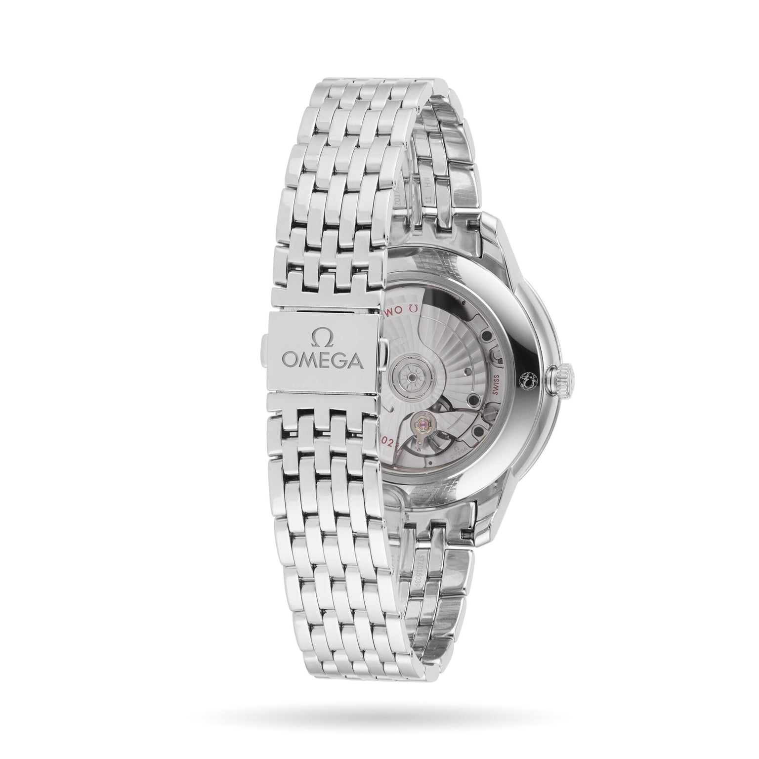 OMEGA De Ville Prestige wristwatch shown from the back, featuring a stainless steel bracelet and transparent case back that reveals its Master Co-Axial Calibre 8802 movement—a reflection of timeless design.