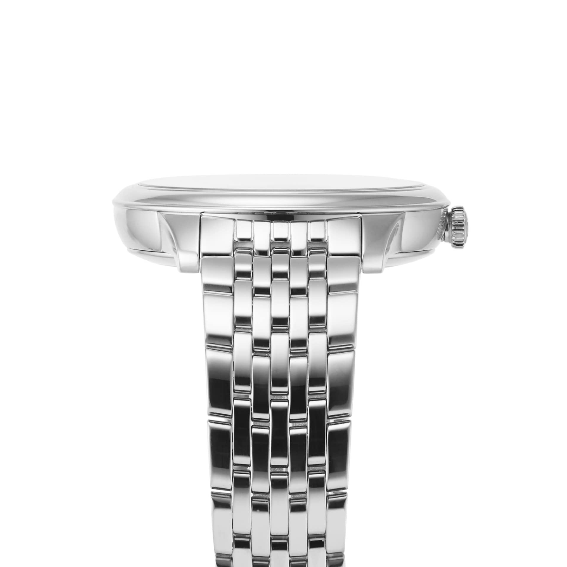 Side view of the OMEGA De Ville Prestige wristwatch in silver, featuring a metal link band and classic design. The watch case and crown are displayed against a white background. Powered by the Master Co-Axial Calibre 8802.