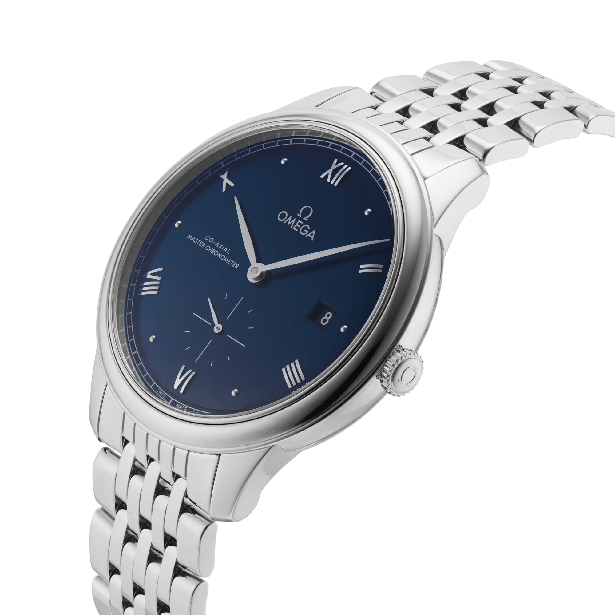 An OMEGA De Ville Prestige wristwatch with a blue dial, Roman numerals, date at 3 oclock, classic design, metal bracelet, and powered by the Master Co-Axial Calibre 8802, viewed at an angle.