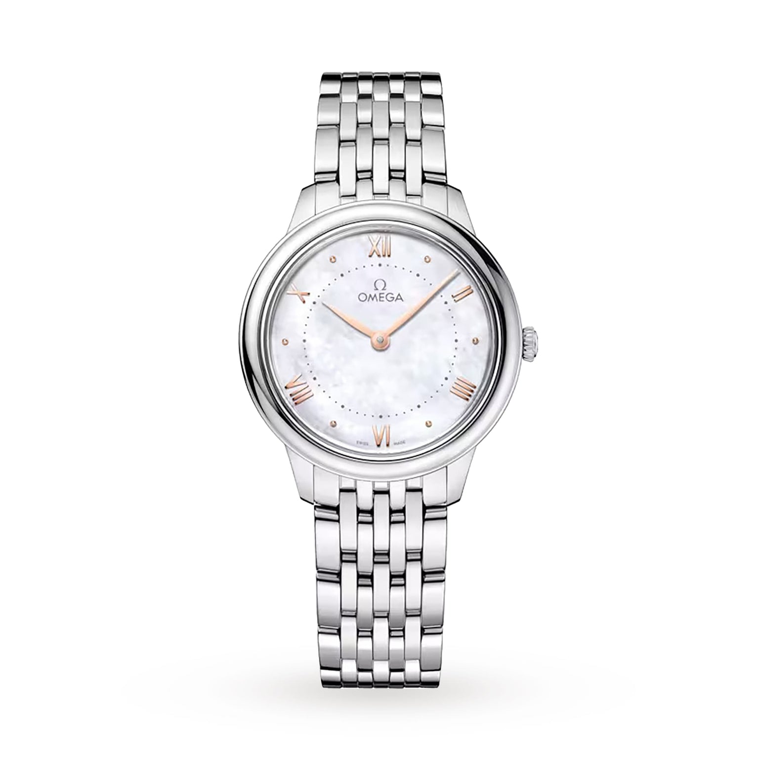The OMEGA De Ville Prestige wristwatch features a silver metal link bracelet, mother-of-pearl dial, and Roman numeral markers, embodying refined elegance and classical design on a white background.