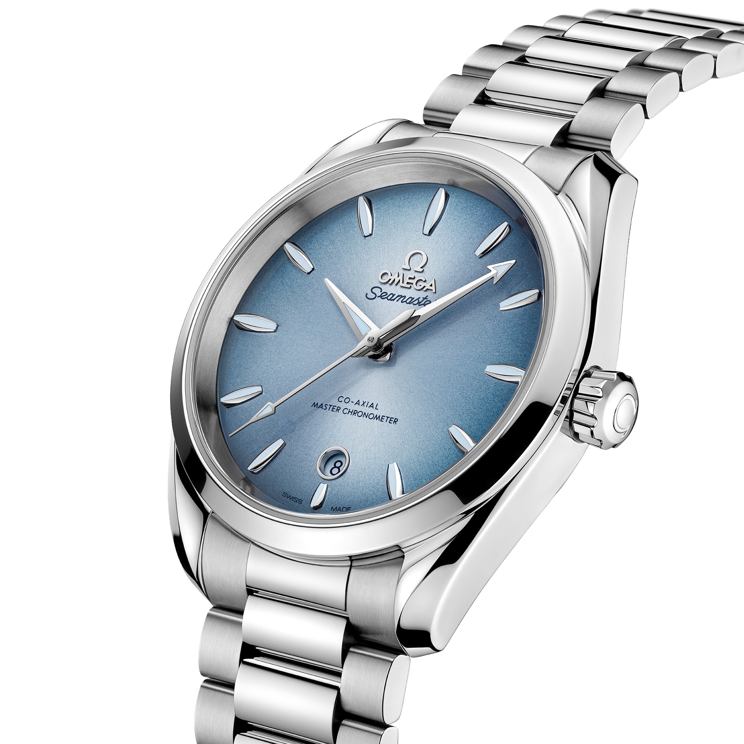 The OMEGA Seamaster Aqua Terra 150M wristwatch, with a blue gradient dial, metal bracelet, and date window at 6 o’clock, is displayed at a three-quarter angle, highlighting its maritime heritage and Master Chronometer precision.