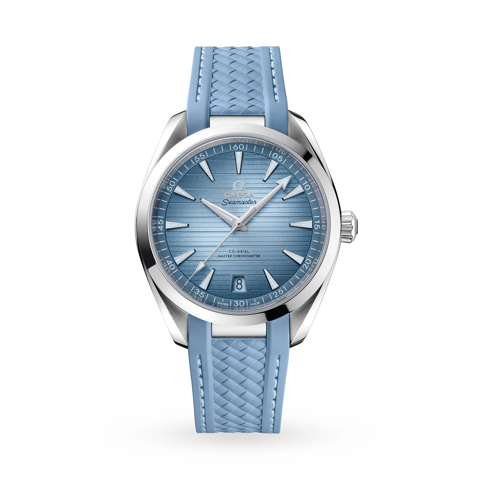 The OMEGA Seamaster Aqua Terra 150M features a textured light blue dial, silver markers, date at 6 o’clock, and a patterned blue rubber strap. Master Chronometer certified and inspired by luxury sailboats. Shown on a white background.