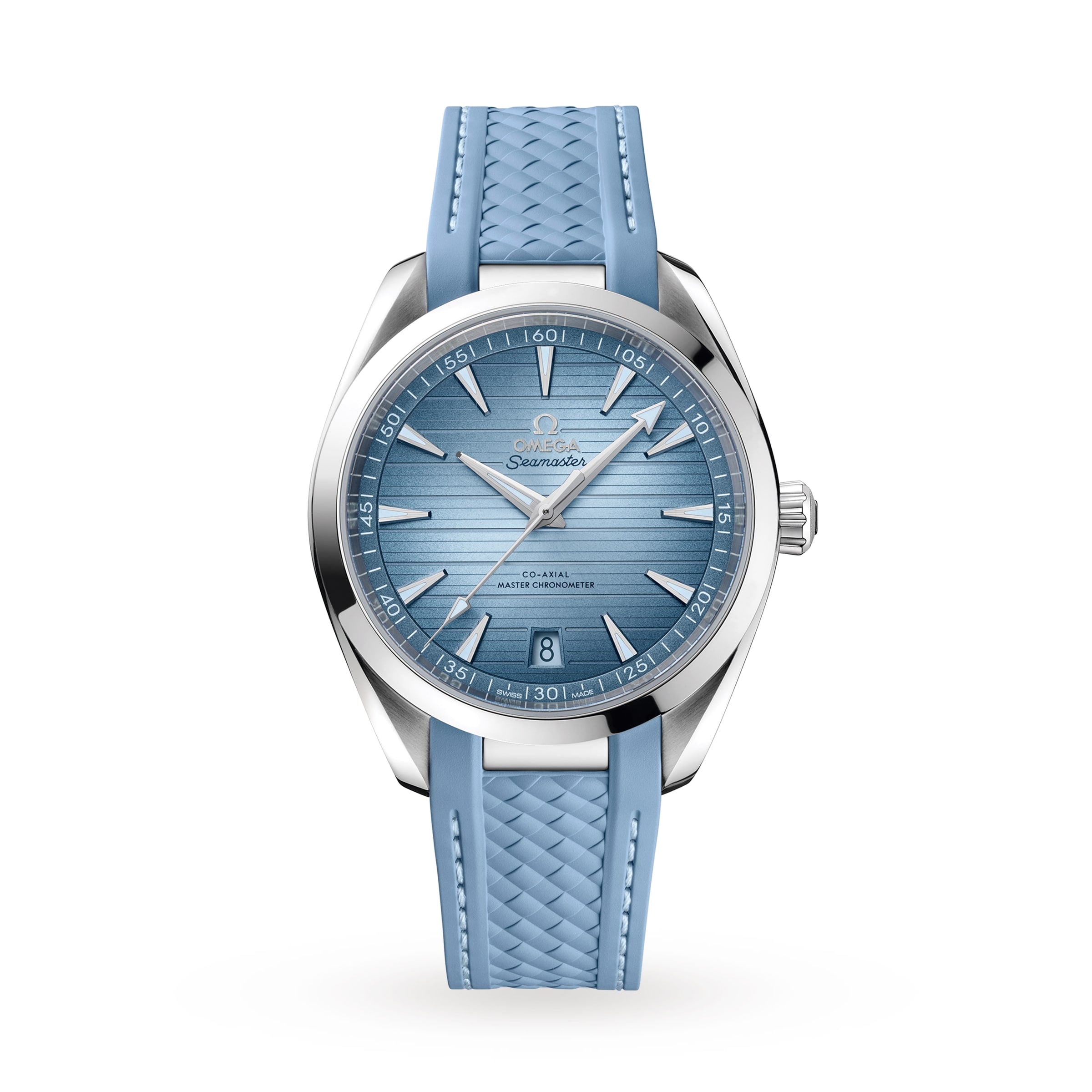 The OMEGA Seamaster Aqua Terra 150M features a textured light blue dial, silver markers, date at 6 o’clock, and a patterned blue rubber strap. Master Chronometer certified and inspired by luxury sailboats. Shown on a white background.