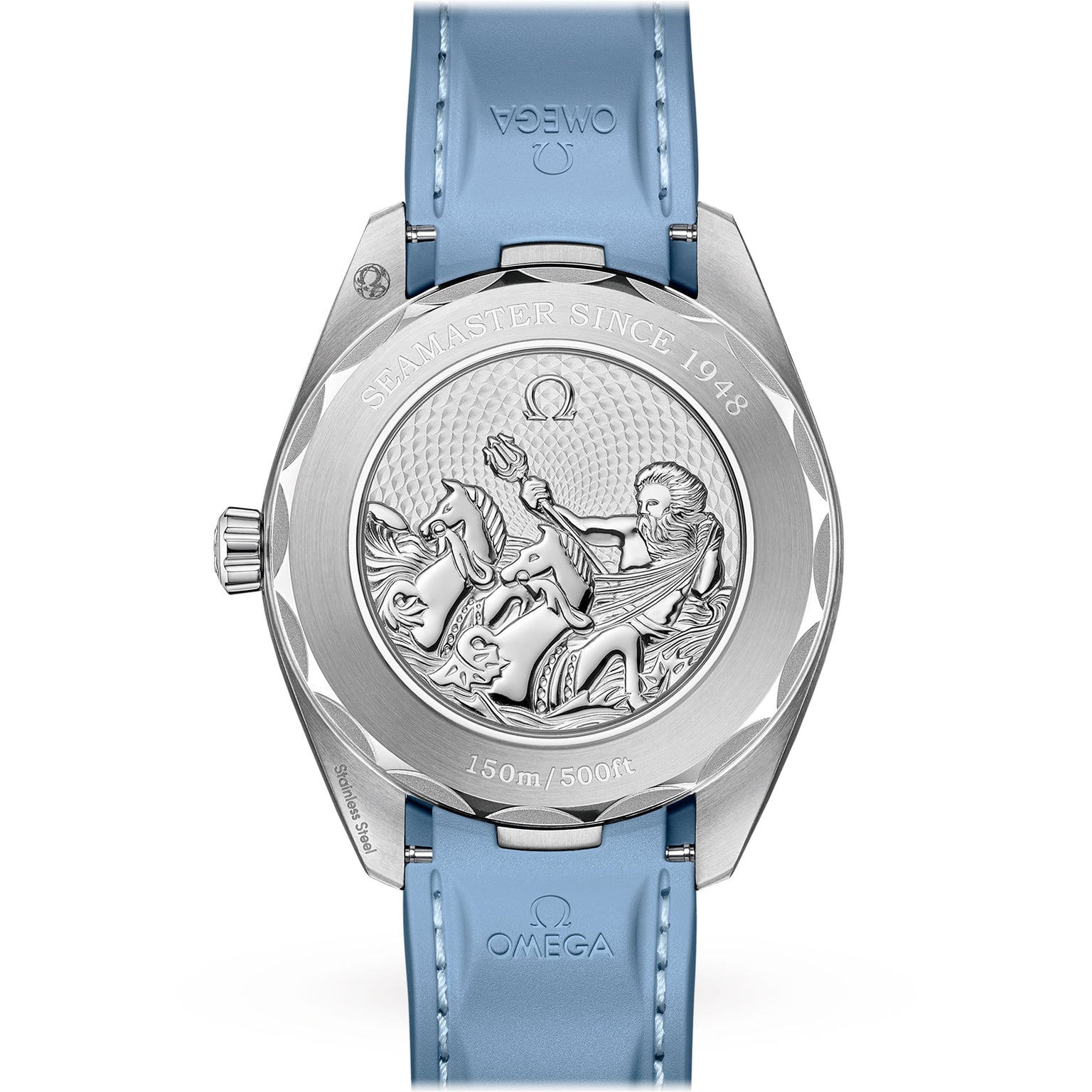 Back of an OMEGA Seamaster Aqua Terra 150M watch with blue strap, engraved with a seahorse, Poseidon holding a trident, “SEAMASTER SINCE 1948” and “150m/500ft.” Master Chronometer certified, inspired by luxury sailboats.