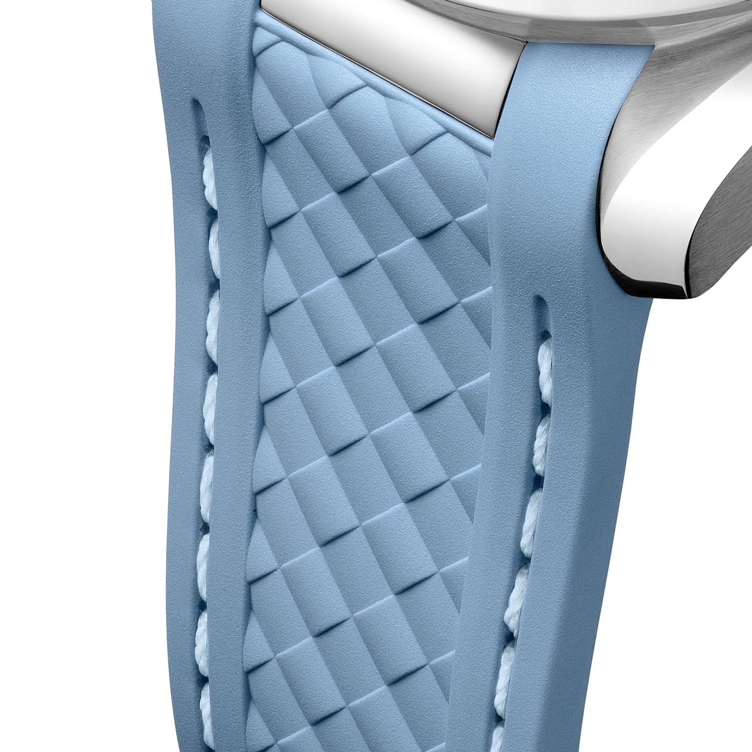 Close-up of the OMEGA Seamaster Aqua Terra 150M, featuring a light blue textured rubber strap with white stitching, stainless steel case, and Master Chronometer certification—elegantly inspired by luxury sailboats.