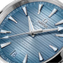 Close-up of the OMEGA Seamaster Aqua Terra 150M watch face featuring a blue textured dial, silver hour markers, a date window at 6 oclock, and three silver hands—Master Chronometer certified for exceptional precision.
