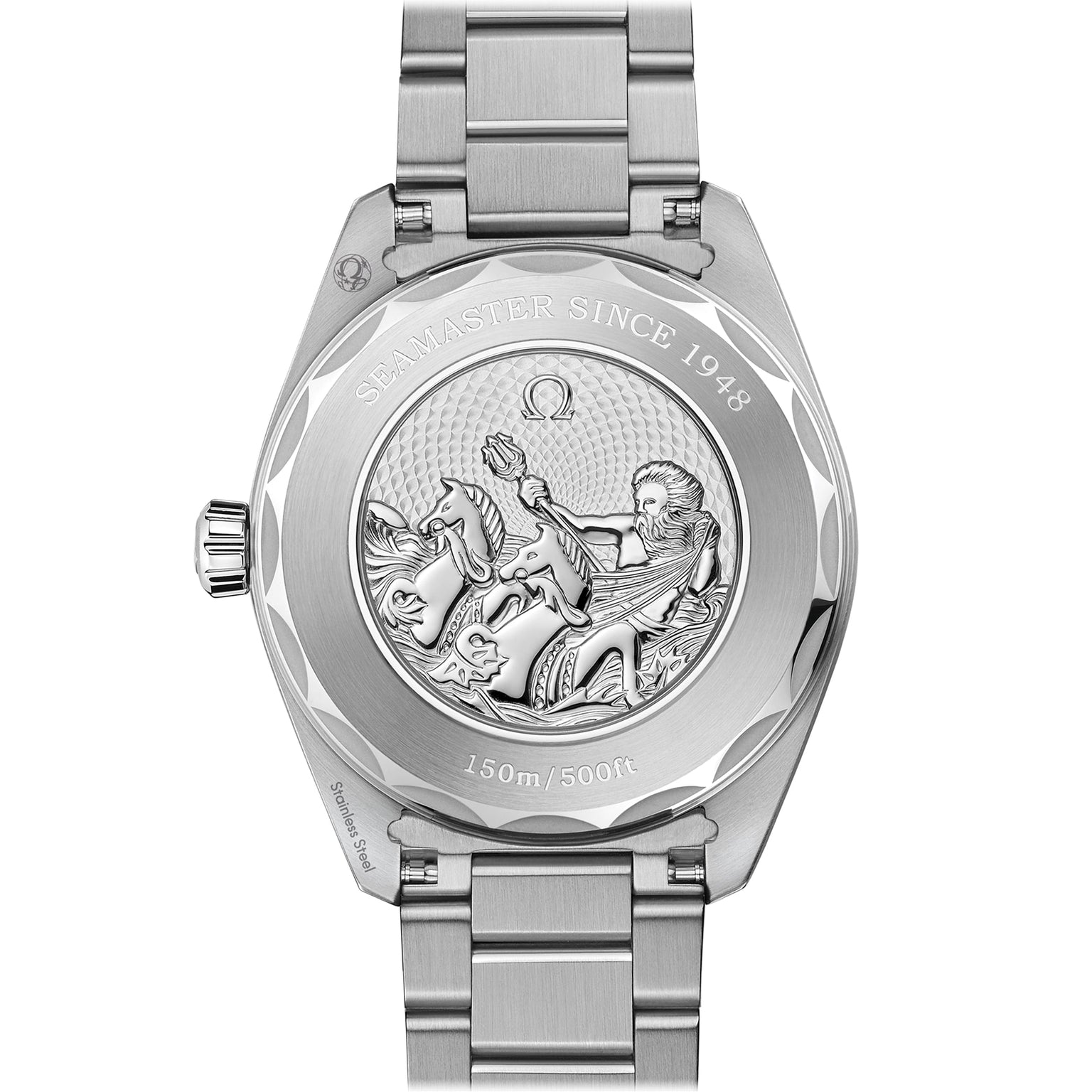 The caseback of the OMEGA Seamaster Aqua Terra 150M is engraved with “SEAMASTER SINCE 1948” and “150m/500ft,” and features an embossed Poseidon with seahorses, celebrating its enduring legacy.