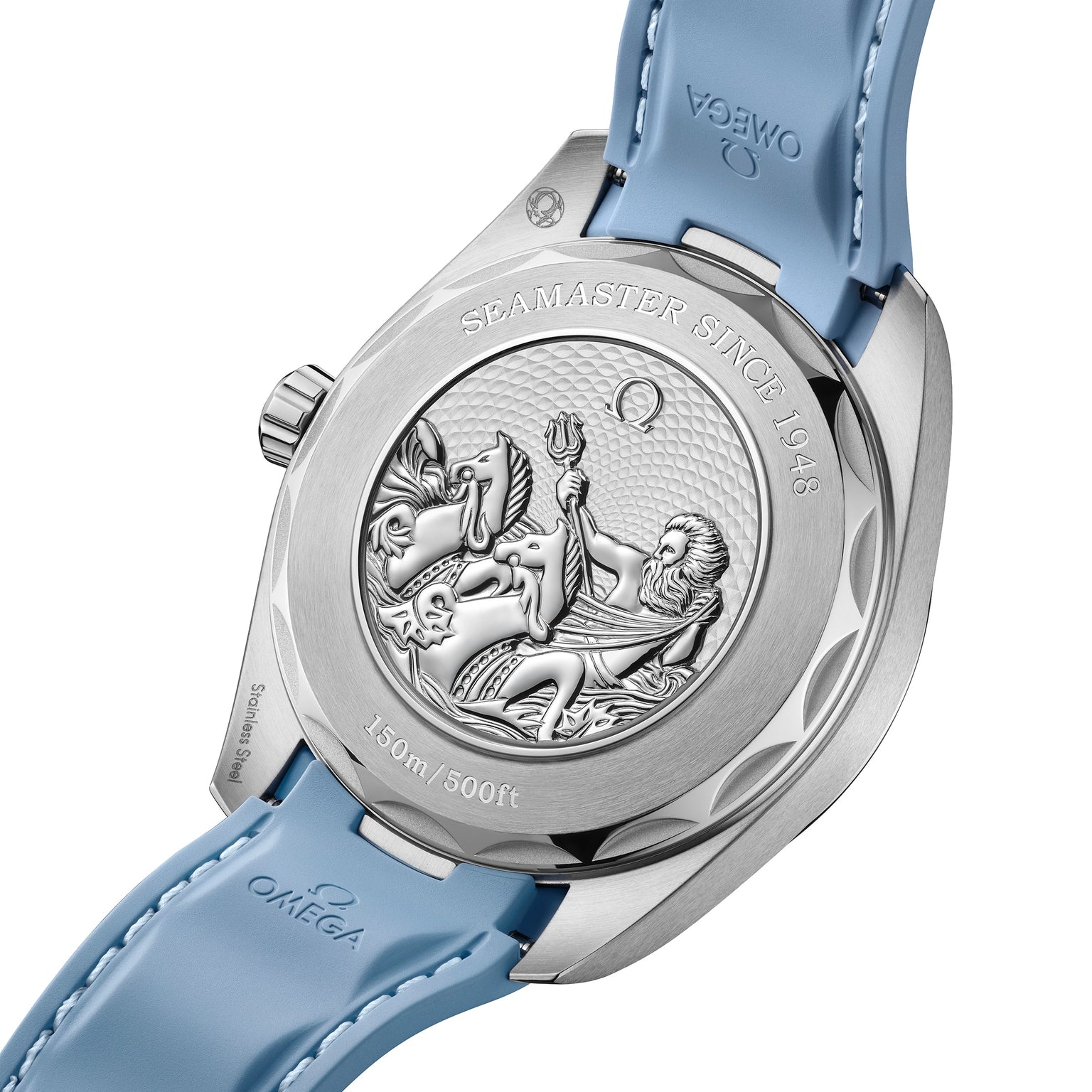 The back of the OMEGA Seamaster Aqua Terra 150M features an engraved figure with a trident, SEAMASTER SINCE 1948 text, water resistance info, and a polished stainless steel case with a blue strap.