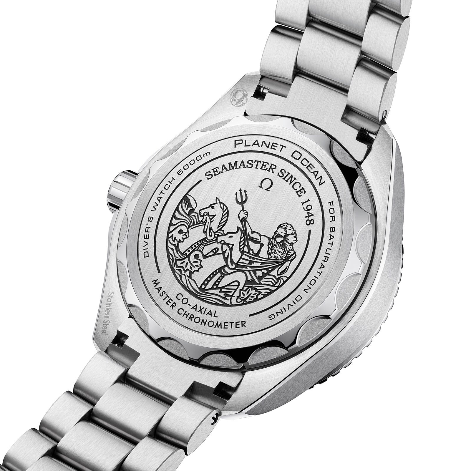 Close-up of the engraved case back of the OMEGA Seamaster Planet Ocean 6000M, featuring a seahorse, diver, and branding details on an O-MEGASTEEL bracelet—a tribute to OMEGA’s heritage in saturation divers watches.