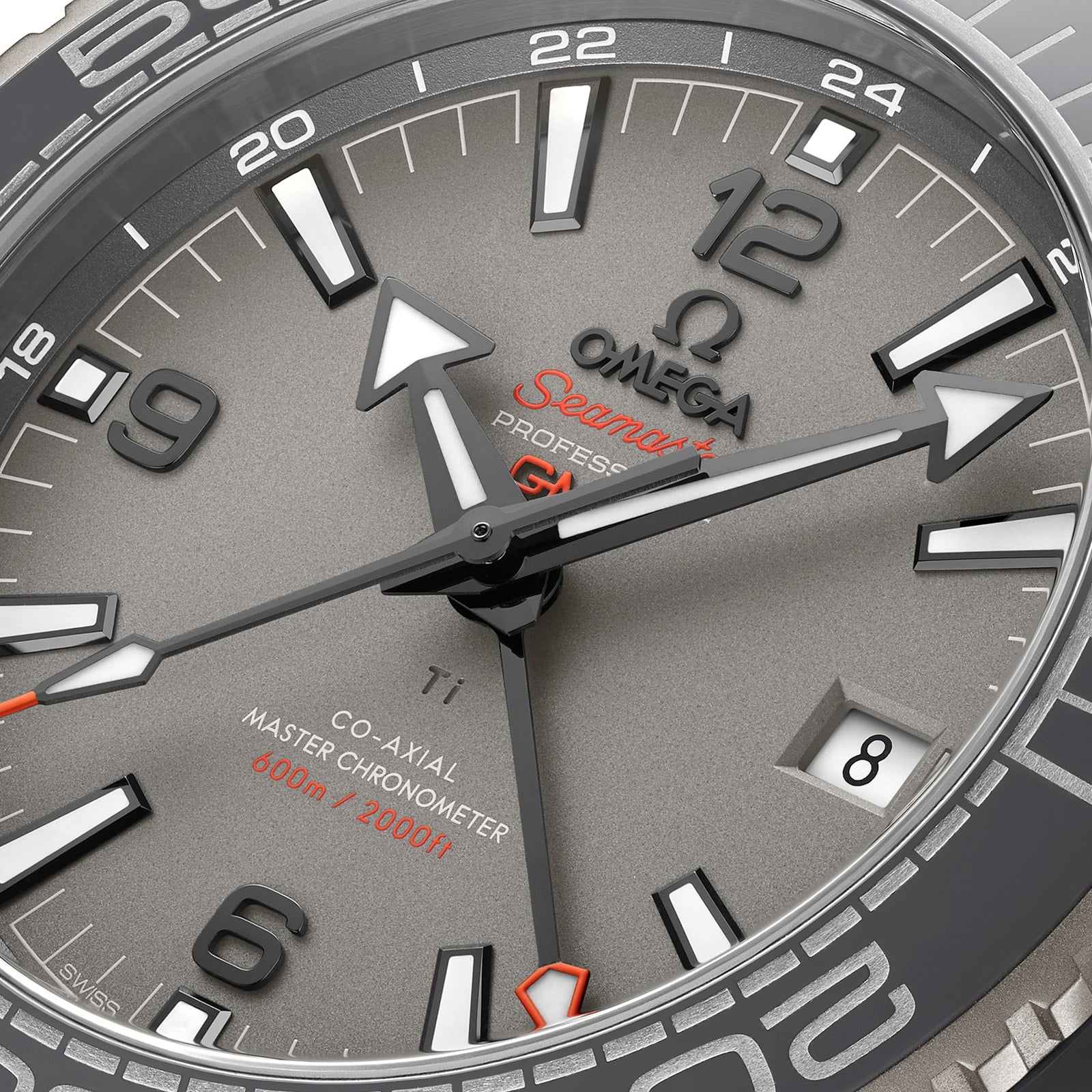 Close-up of the OMEGA Seamaster Planet Ocean 600M watch with a grey dial, bold markers, date at 3 o’clock, and 600m/2000ft water resistance—a certified Master Chronometer ready for deep-sea exploration.