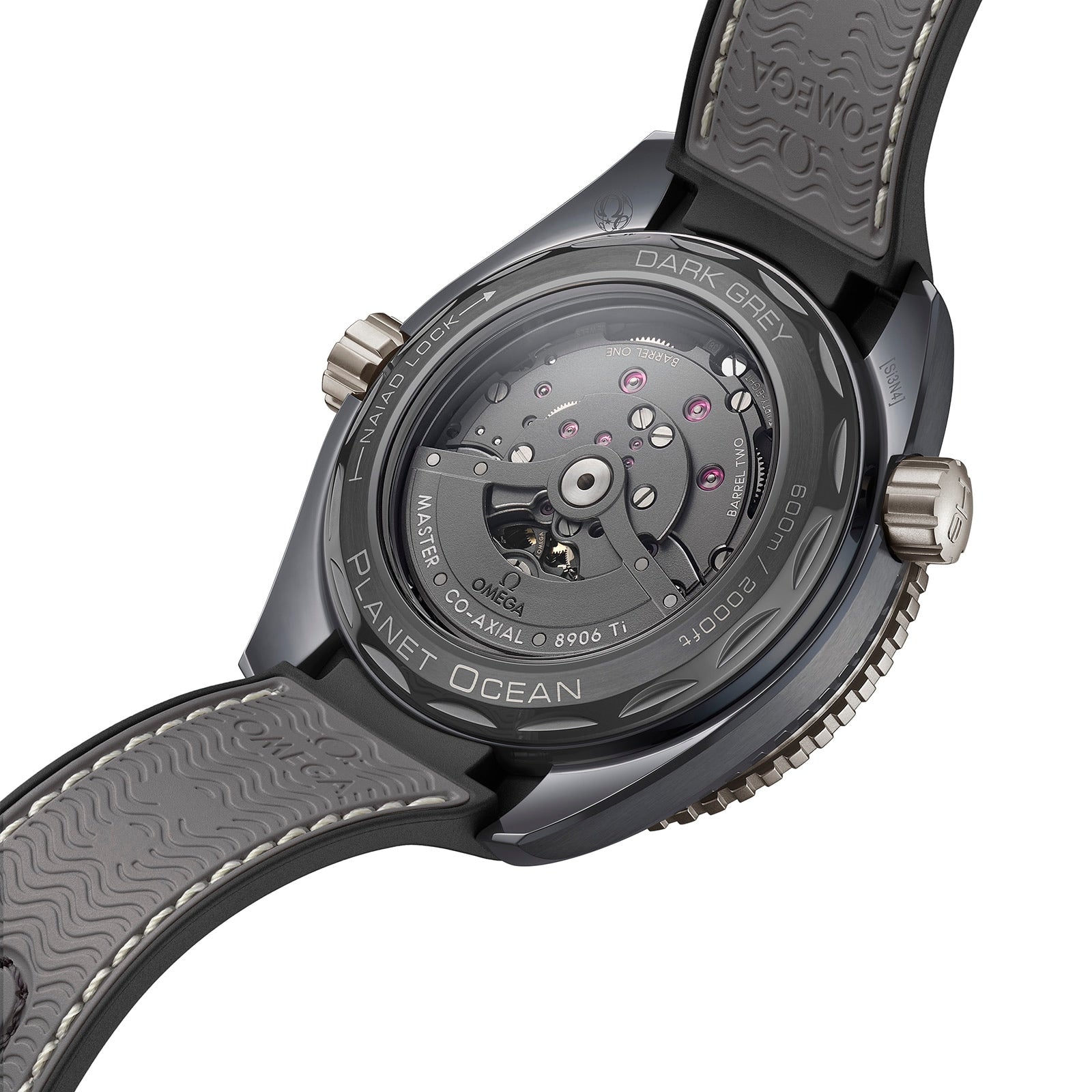 Back view of the OMEGA Seamaster Planet Ocean 600M, highlighting its Master Chronometer automatic movement through a transparent case back with visible branding and model details.