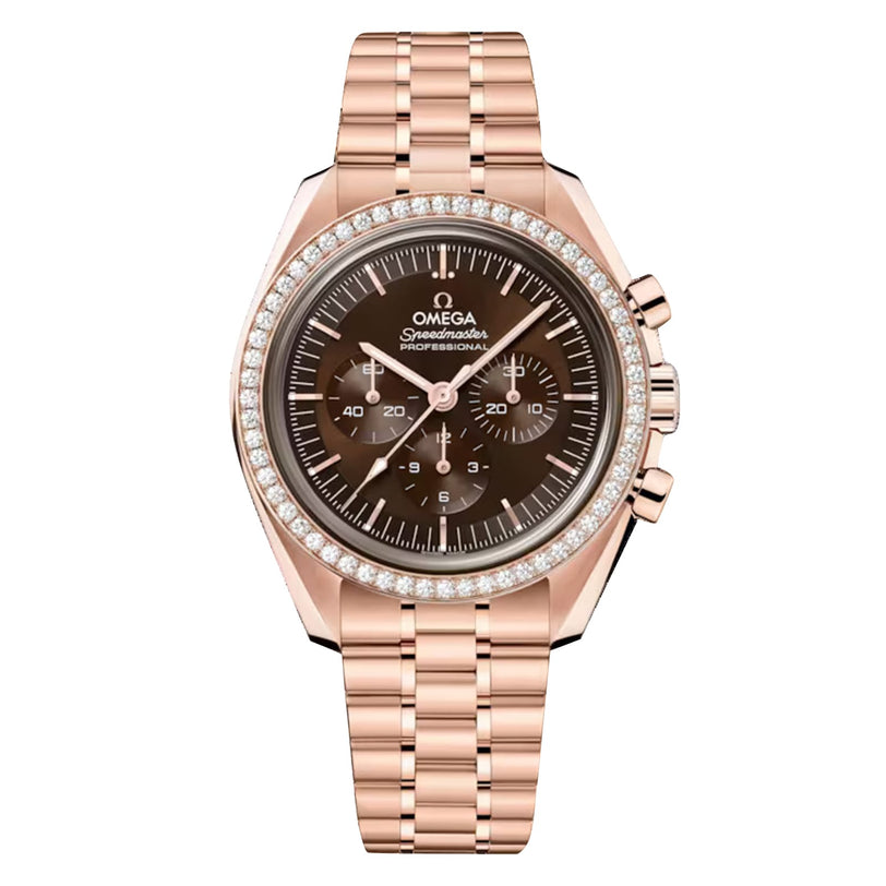 The OMEGA Speedmaster Moonwatch Professional in 18K Sedna Gold features a brown dial, three subdials, diamond bezel, metal link bracelet, and is powered by the Co-Axial Master Chronometer Calibre 3861.