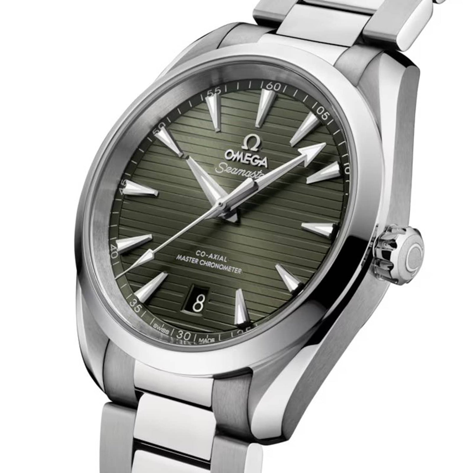 The OMEGA Seamaster Aqua Terra 150M wristwatch features a stainless steel case, green textured dial, silver hour markers, and a date window at 6 o’clock—reflecting the brand’s maritime heritage.