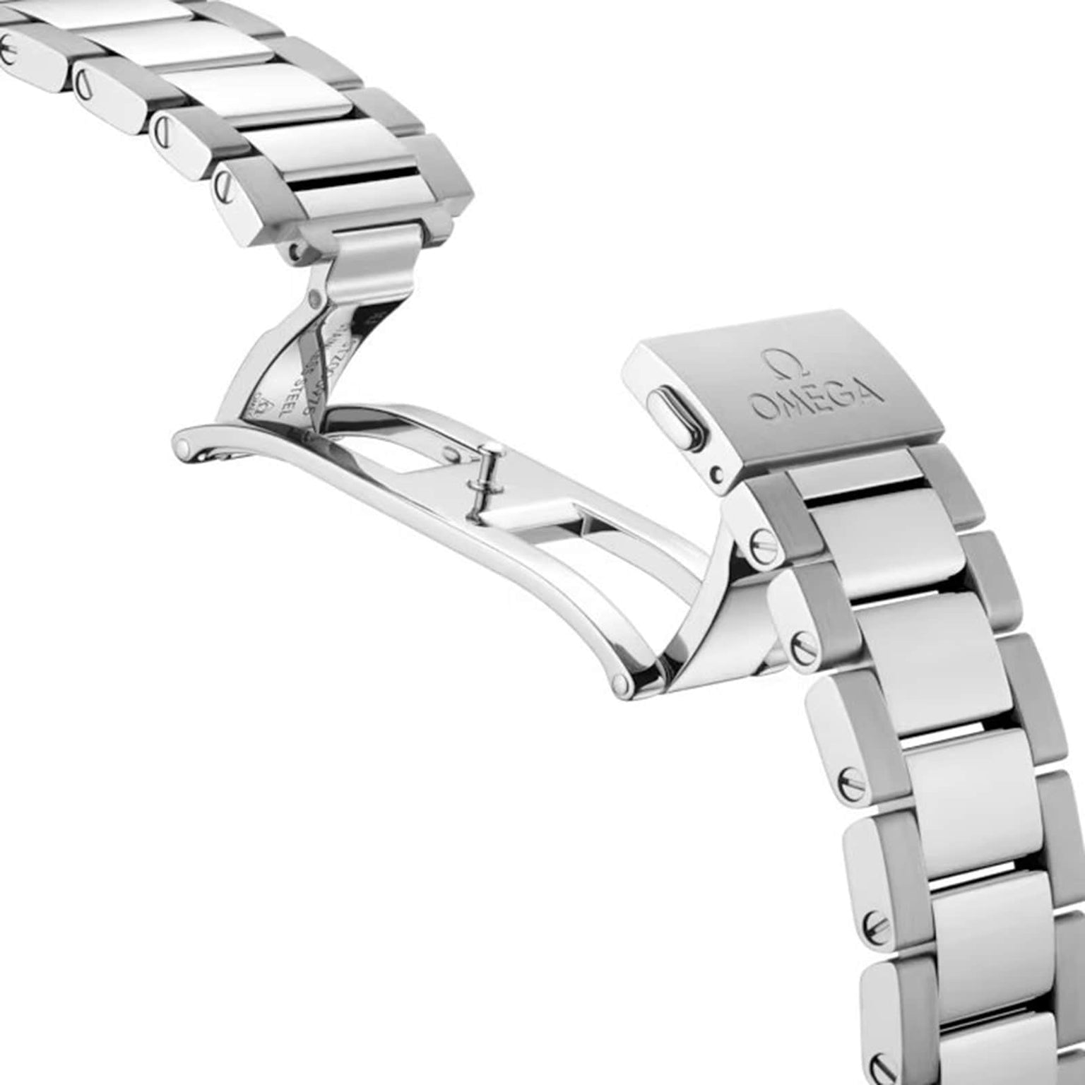 Close-up of an OMEGA Seamaster Aqua Terra 150M stainless steel bracelet, highlighting the open deployment clasp and engraved OMEGA logo—a nod to the brand’s maritime legacy.