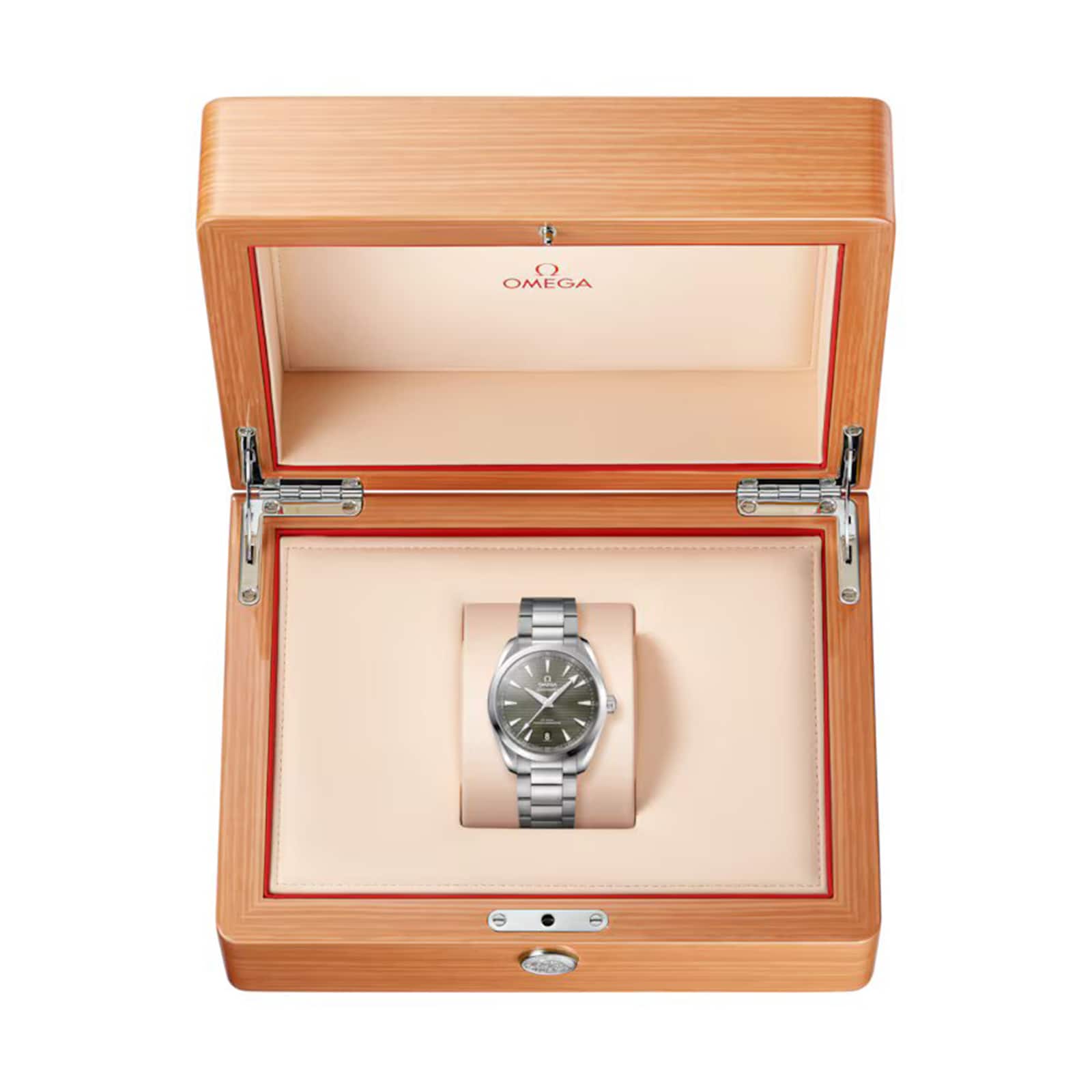 An OMEGA Seamaster Aqua Terra 150M stainless steel wristwatch with a dark dial, certified as a Master Chronometer, displayed in an open light wood Omega presentation box.