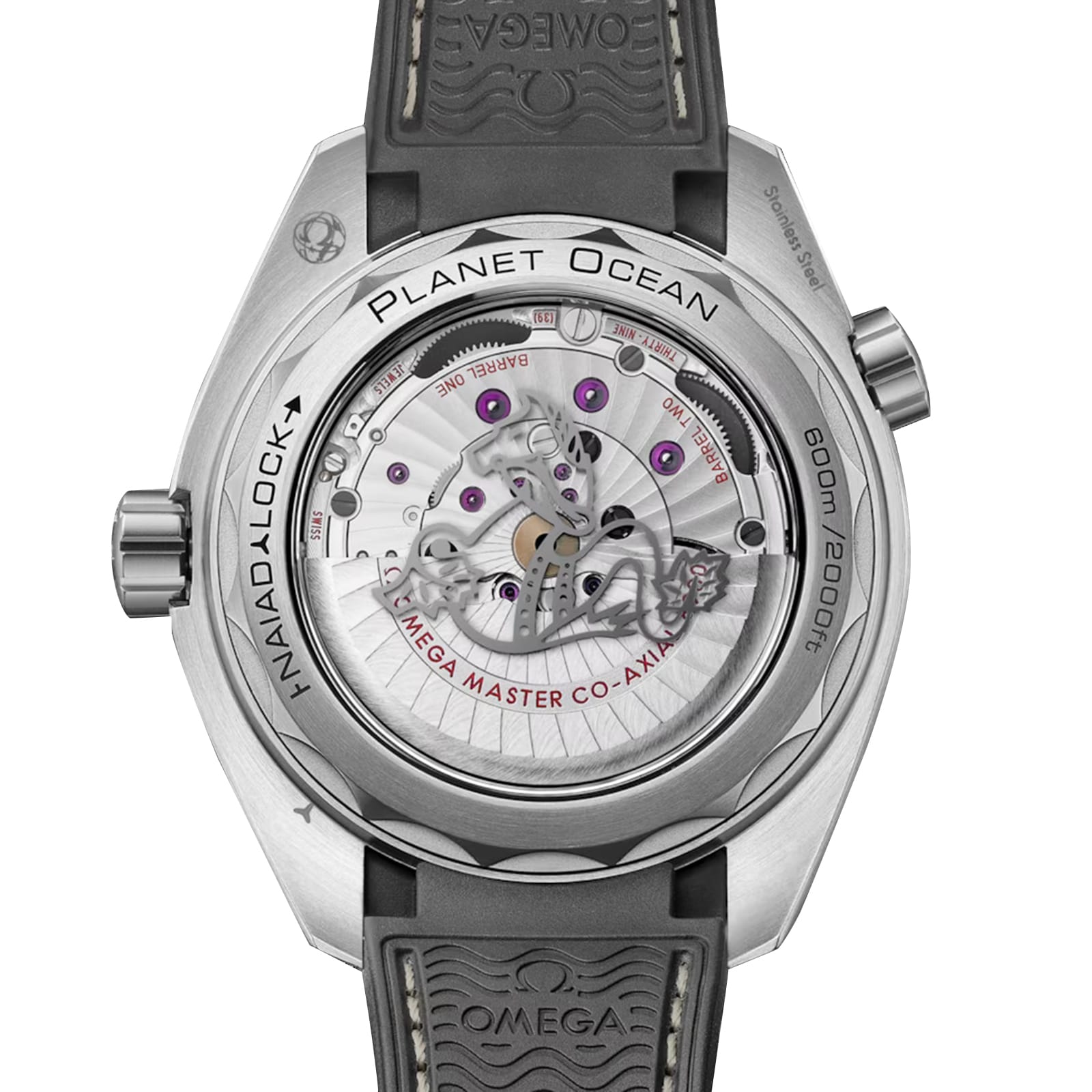 Back view of the OMEGA Seamaster Planet Ocean 600M, showcasing a transparent case back with visible Co-Axial Master Chronometer movement, engraved details, and a robust rubber strap.