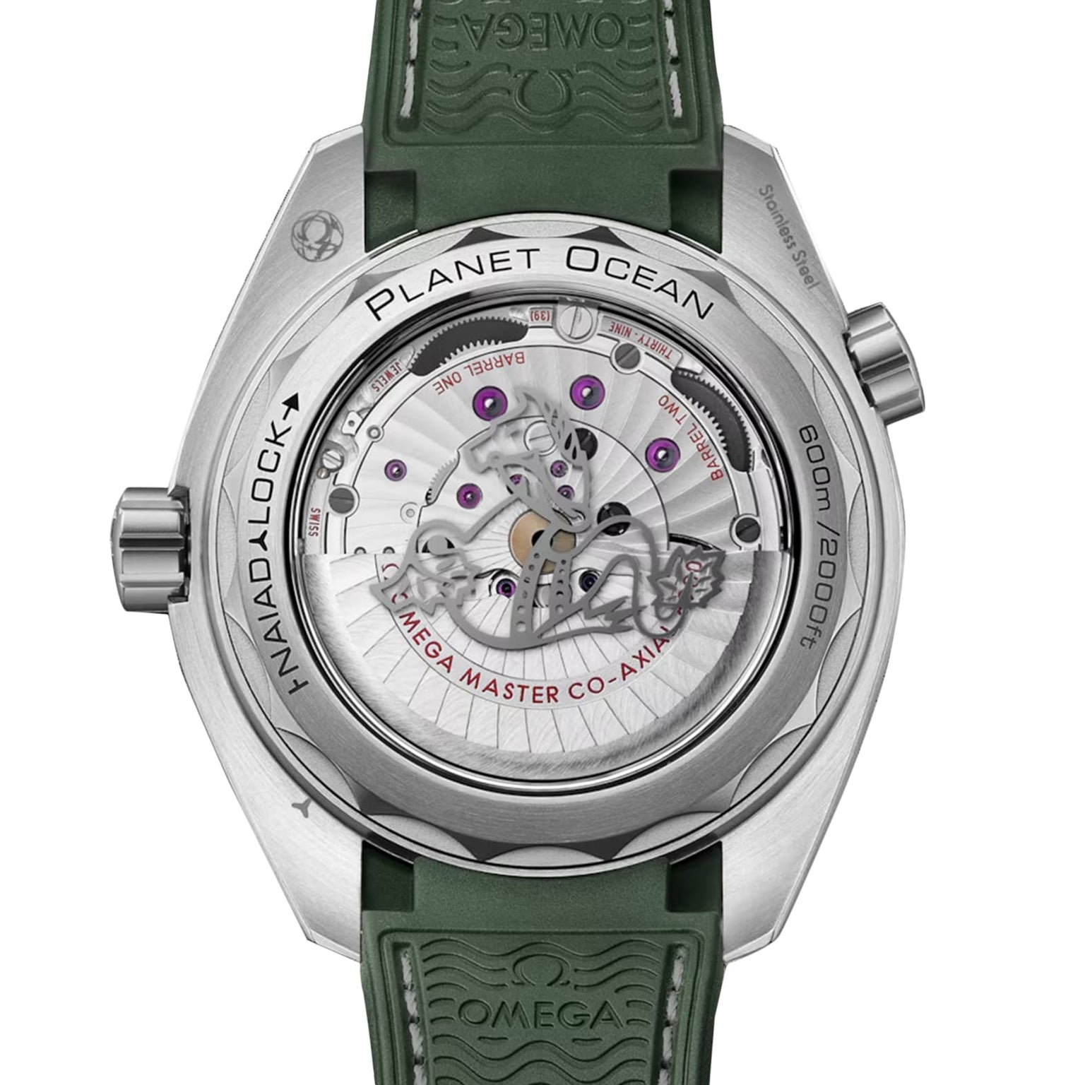 Close-up of the OMEGA Seamaster Planet Ocean 600M dive watch with transparent caseback, showcasing its Co-Axial Master Chronometer movement and green rubber strap.