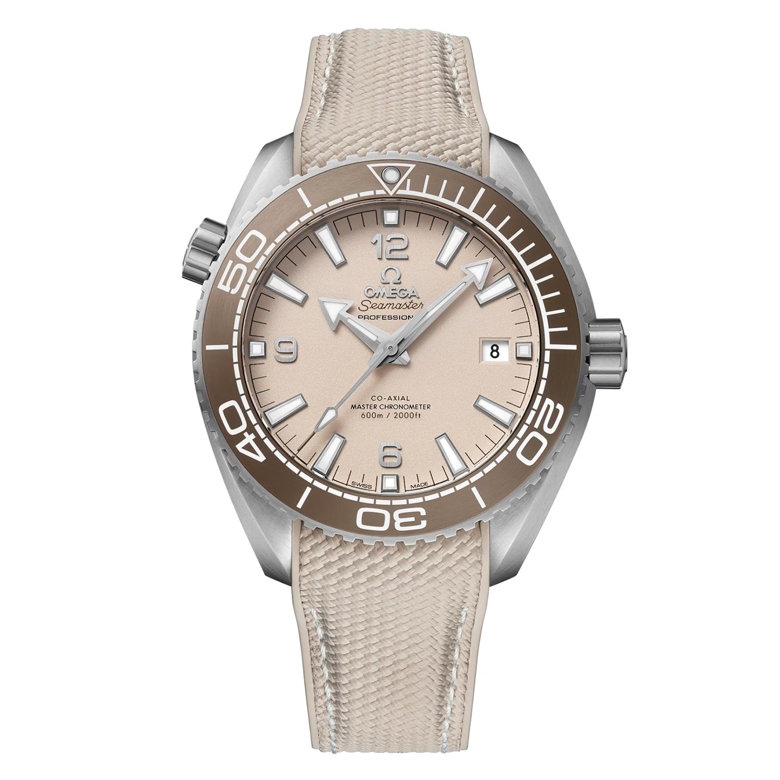 An OMEGA Seamaster Planet Ocean 600M dive watch with a beige textured strap, rotating bezel, date window at 3 o’clock, and luminous hands and markers is displayed on a white background.