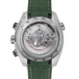 Back view of the OMEGA Seamaster Planet Ocean 600M, showing its Co-Axial Master Chronometer movement through a transparent case back, with a green rubber strap and engraved details.