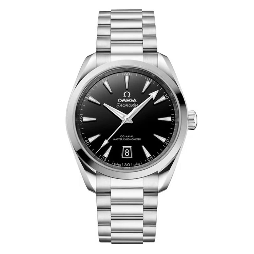 The OMEGA Seamaster Aqua Terra 150M features a black dial, silver markers, date at 6 o’clock, and a stainless steel bracelet. This Co-Axial Master Chronometer offers both elegant style and precise timekeeping.