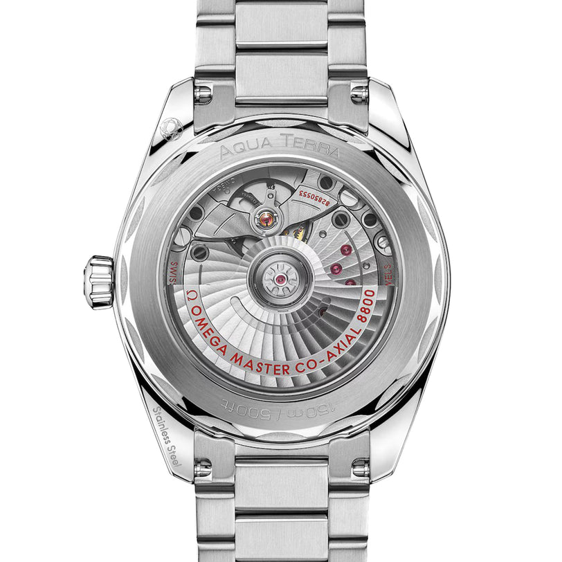 Close-up of the OMEGA Seamaster Aqua Terra 150M’s transparent case back, revealing the Co-Axial Master Chronometer 8800 movement and engraved details.