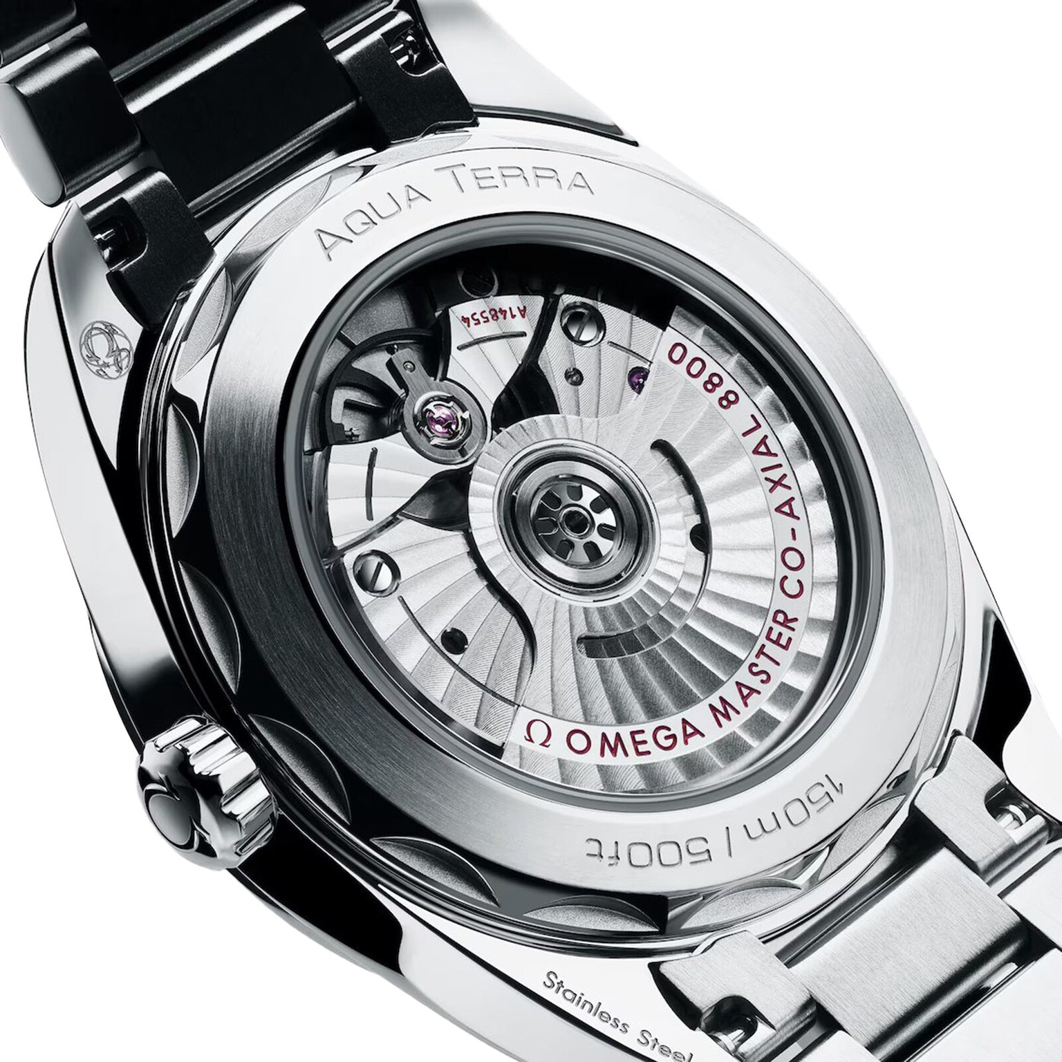 Close-up of the OMEGA Seamaster Aqua Terra 150M, showcasing its exposed Co-Axial Master Chronometer movement through a transparent case back.