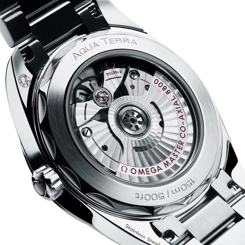 Close-up of the OMEGA Seamaster Aqua Terra 150M, showcasing its exposed Co-Axial Master Chronometer movement through a transparent case back.