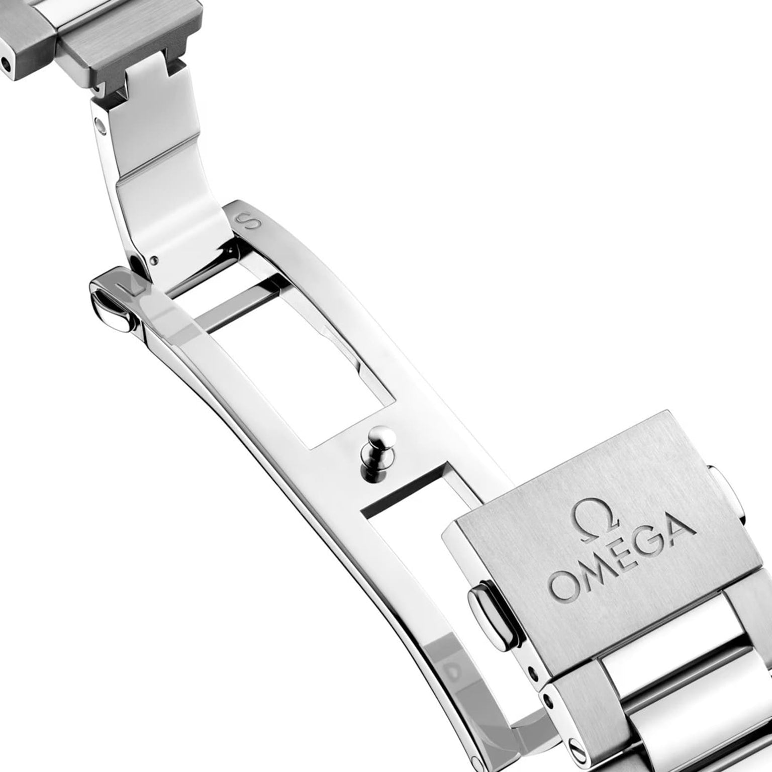 Close-up of a stainless steel OMEGA clasp with logo and open deployment mechanism—an iconic detail on the Seamaster Aqua Terra 150M.
