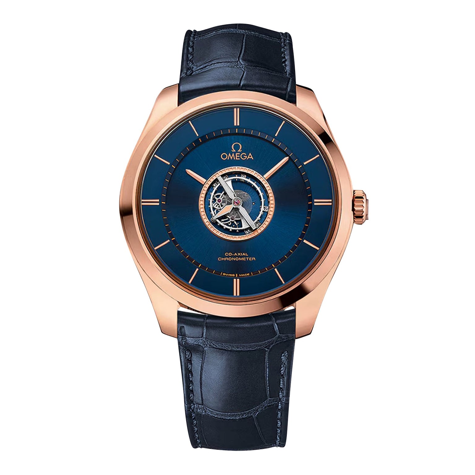 The OMEGA De Ville Tourbillon wristwatch features a blue dial, rose gold case, visible tourbillon, and blue leather strap, displayed against a white background.