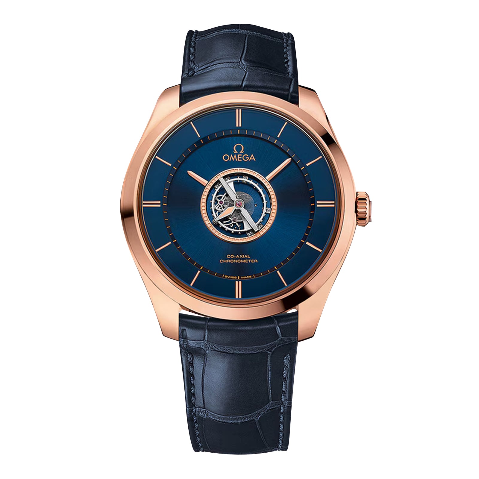 The OMEGA De Ville Tourbillon wristwatch features a blue dial, rose gold case, visible tourbillon, and blue leather strap, displayed against a white background.