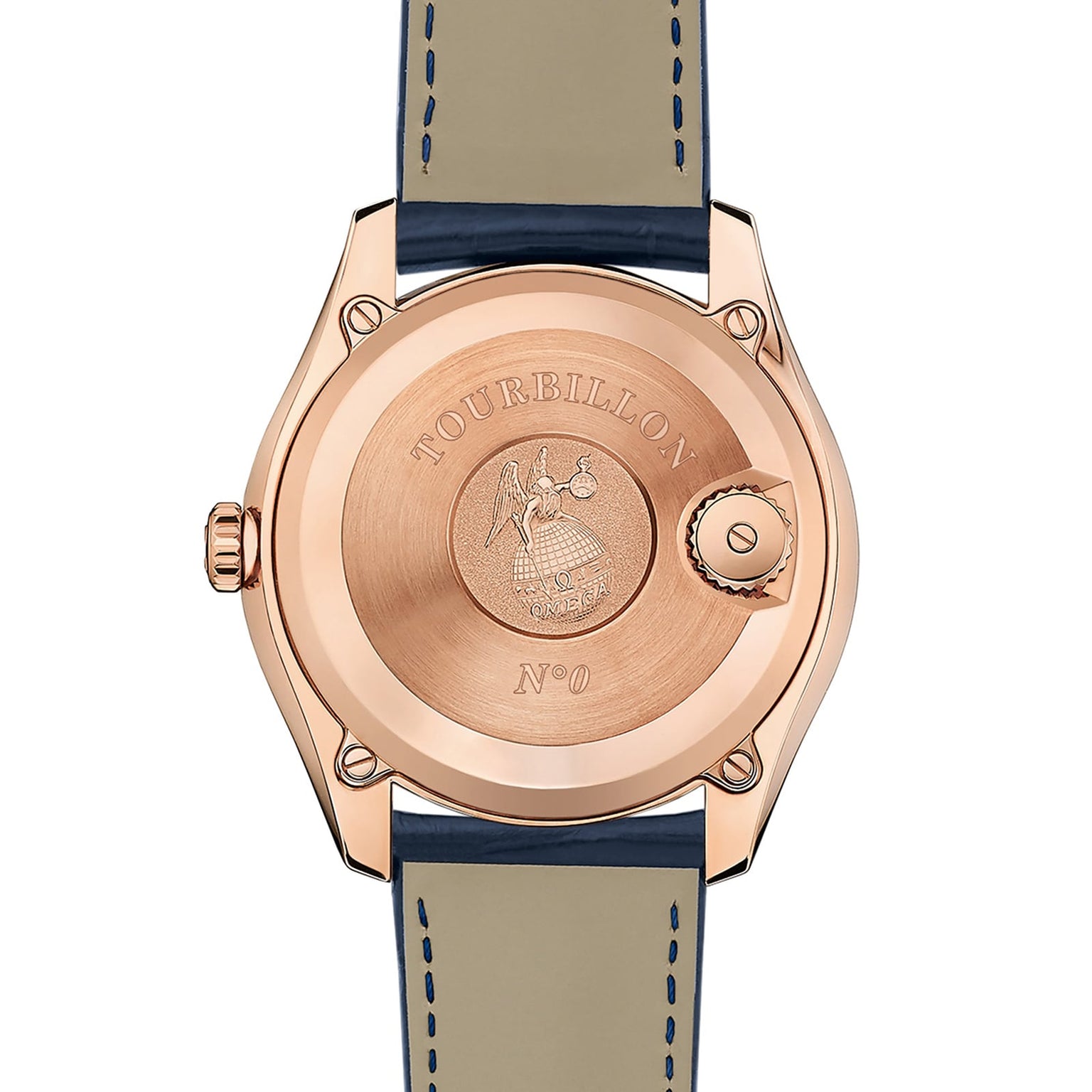 The back of the OMEGA De Ville Tourbillon in rose gold displays engraved text TOURBILLON N°0 and an emblem, complemented by a blue leather strap with visible stitching.