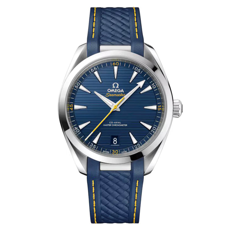 The OMEGA Seamaster Aqua Terra 150M features a textured blue strap, stainless steel case, silver hour markers, yellow accents, and a date window at 6 o’clock with the Co-Axial Master Chronometer Calibre 8900, displayed on a white background.