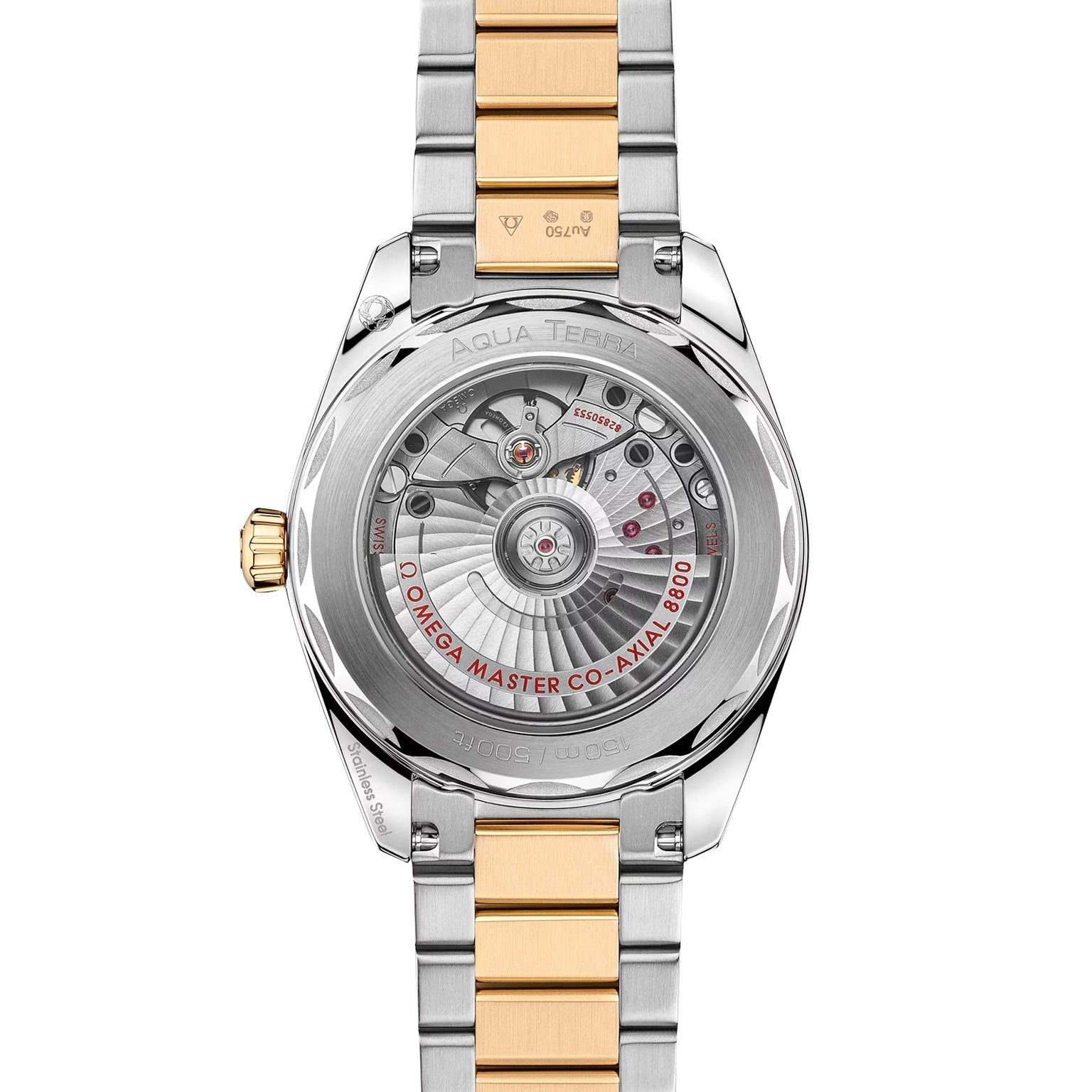 Back view of the OMEGA Seamaster Aqua Terra 150M featuring a stainless steel and gold bracelet, with its automatic movement visible through a transparent case back.