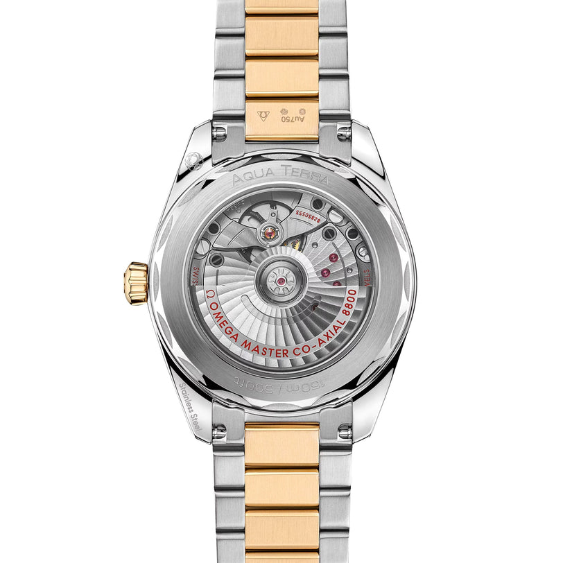 Back view of the OMEGA Seamaster Aqua Terra 150M featuring a stainless steel and gold bracelet, with its automatic movement visible through a transparent case back.