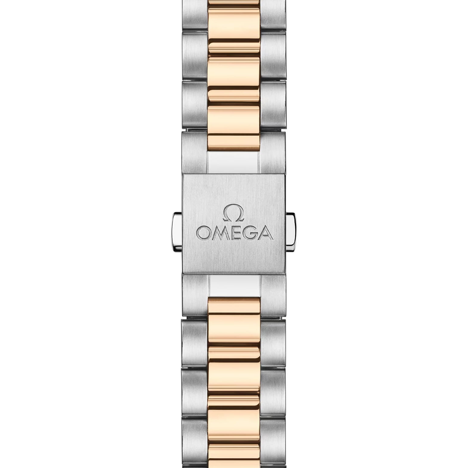 Close-up of the OMEGA Seamaster Aqua Terra 150M bracelet clasp, showing a blend of stainless steel and gold links with the OMEGA logo engraved on the clasp.