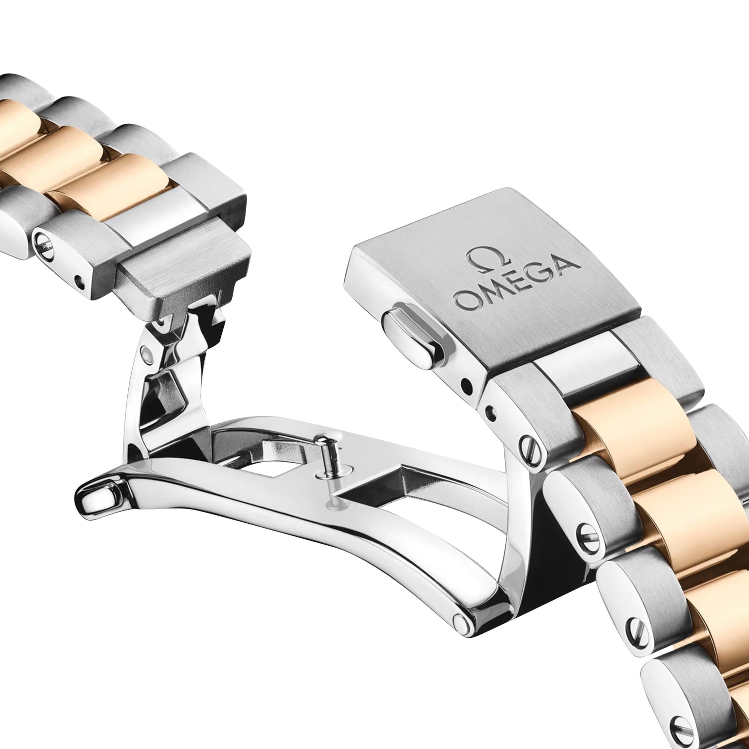 Close-up of the OMEGA Seamaster Aqua Terra 150M bracelet featuring a two-tone metal design, open deployment clasp, and engraved OMEGA logo on the clasp.