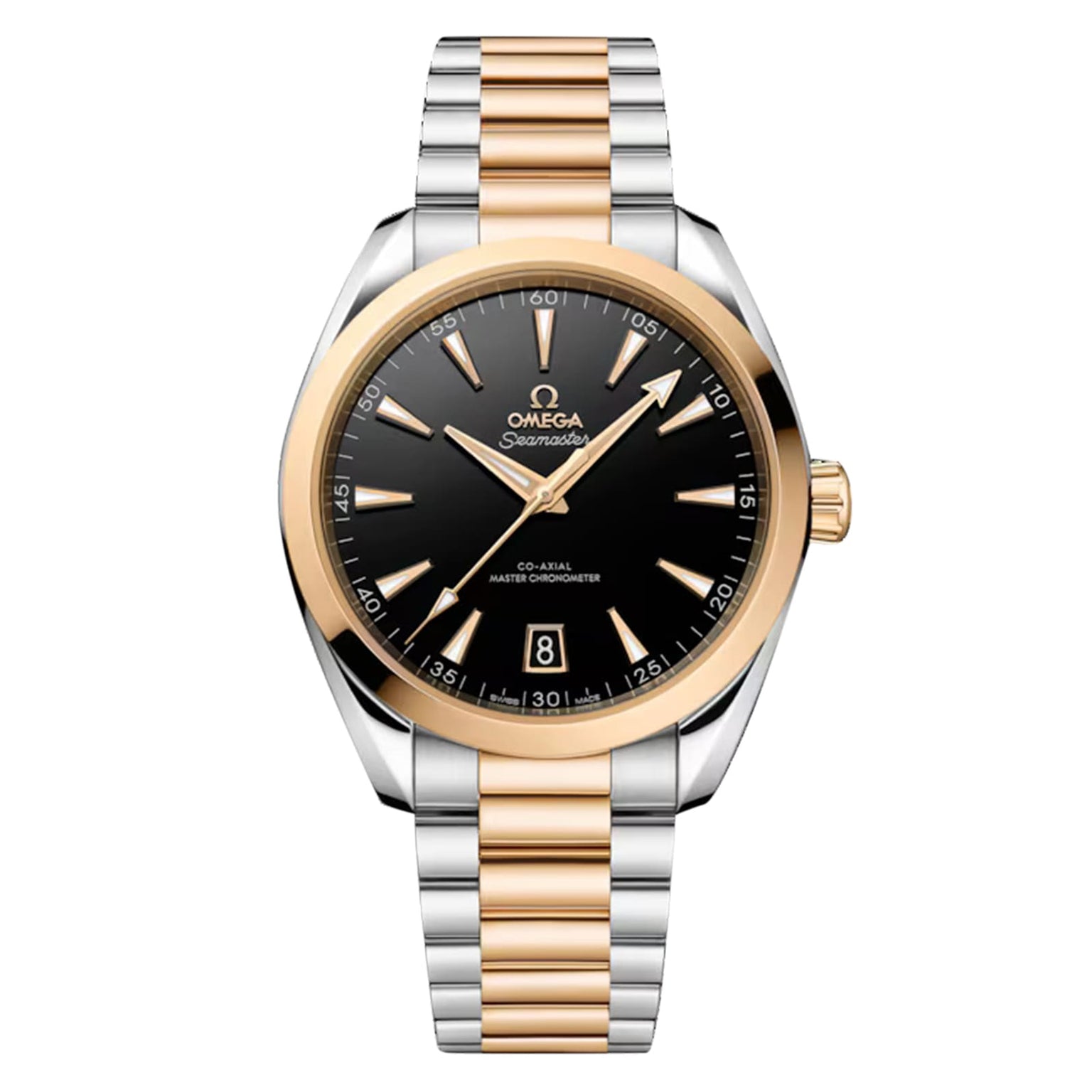 The OMEGA Seamaster Aqua Terra 150M features a black dial, gold bezel, date at 6 oclock, and a stainless steel and gold bracelet, powered by the Co-Axial Master Chronometer calibre 8900.