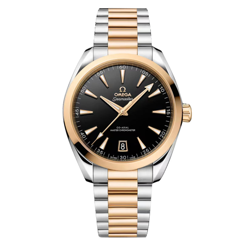 The OMEGA Seamaster Aqua Terra 150M features a black dial, gold bezel, date at 6 oclock, and a stainless steel and gold bracelet, powered by the Co-Axial Master Chronometer calibre 8900.