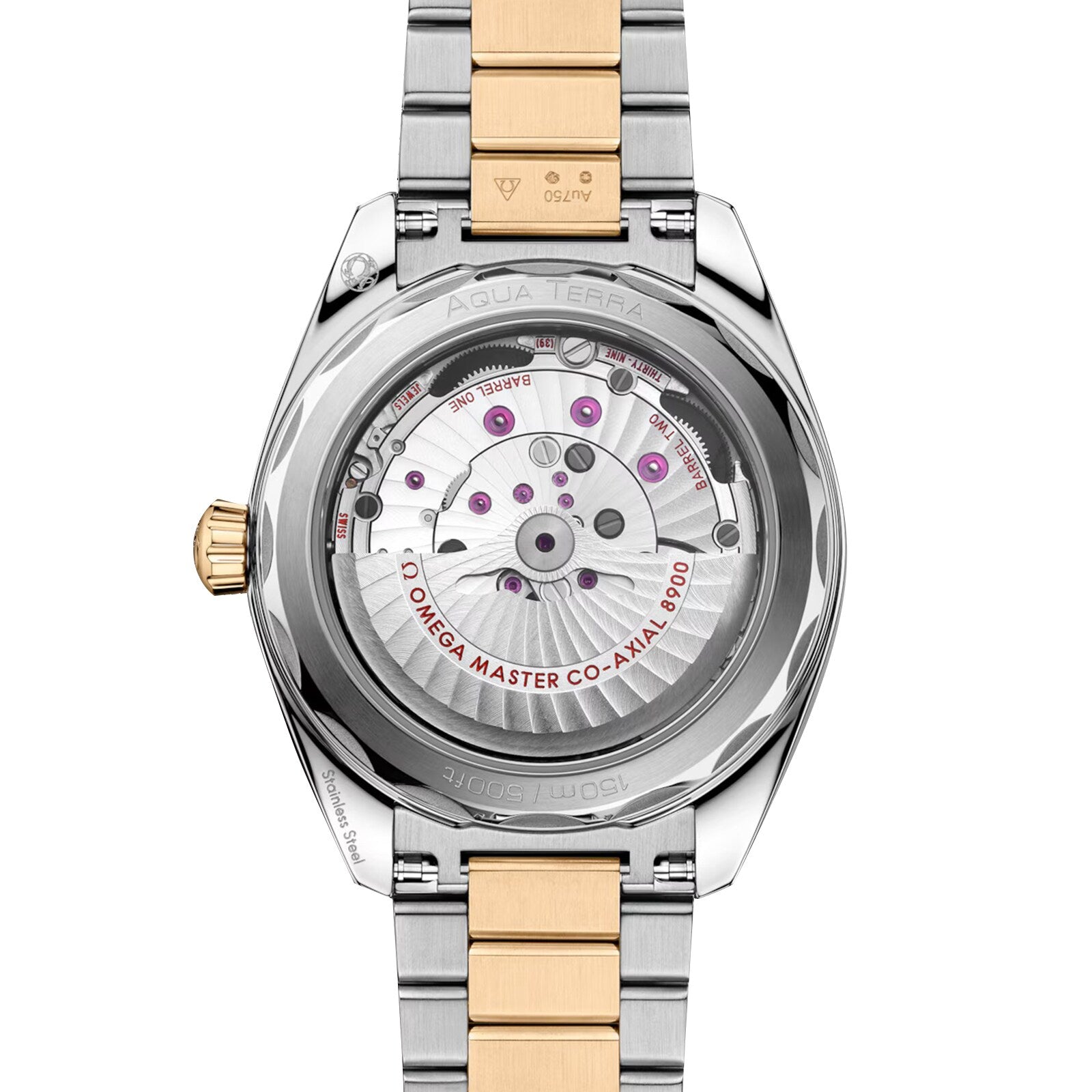 Close-up of the OMEGA Seamaster Aqua Terra 150M case back, showcasing the Co-Axial Master Chronometer calibre 8900 through sapphire crystal and paired with a stainless steel and gold bracelet.