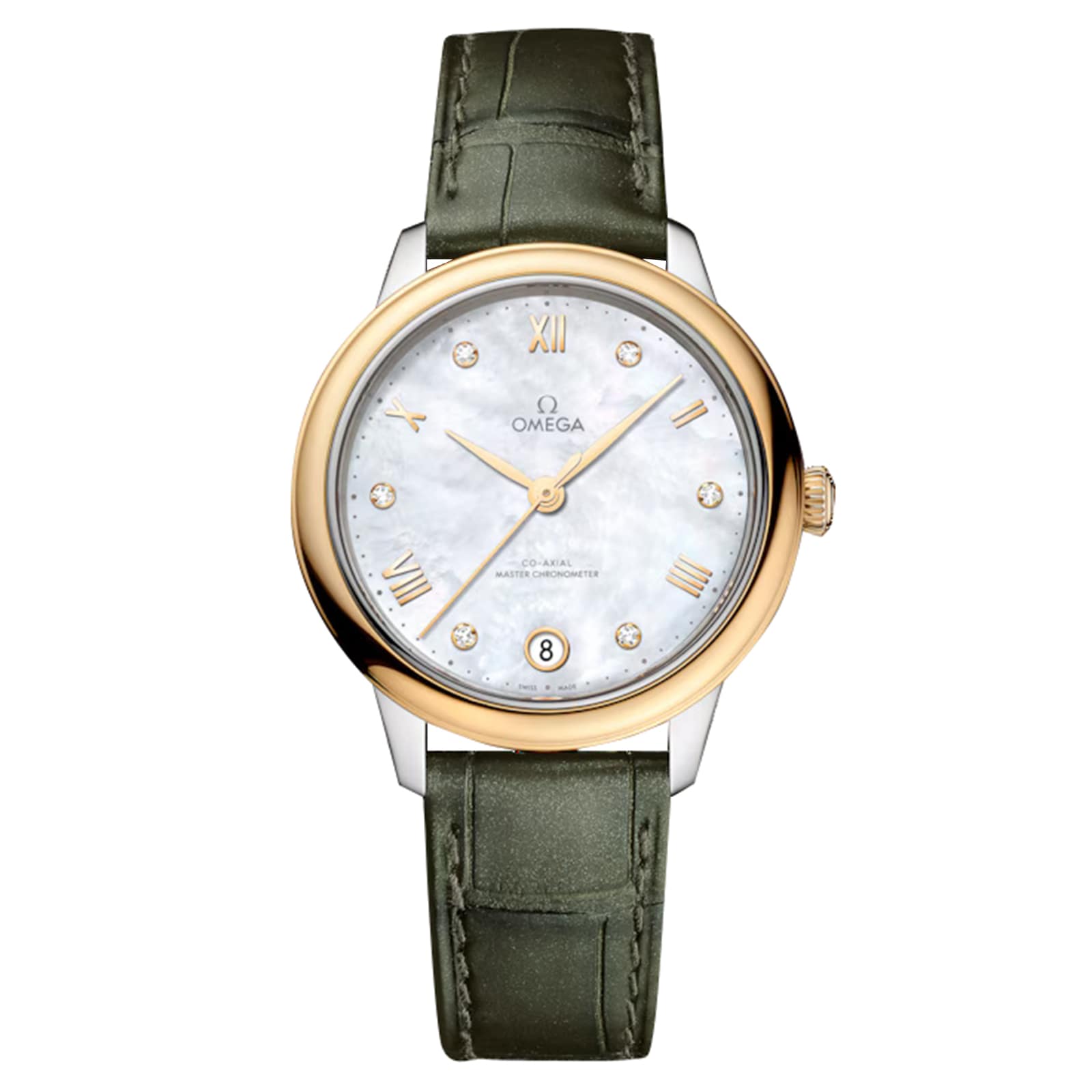 The OMEGA De Ville Prestige features an 18K yellow gold and silver case, white dial with diamond hour markers, Roman numerals, date window, and a green leather strap—a showcase of timeless elegance.