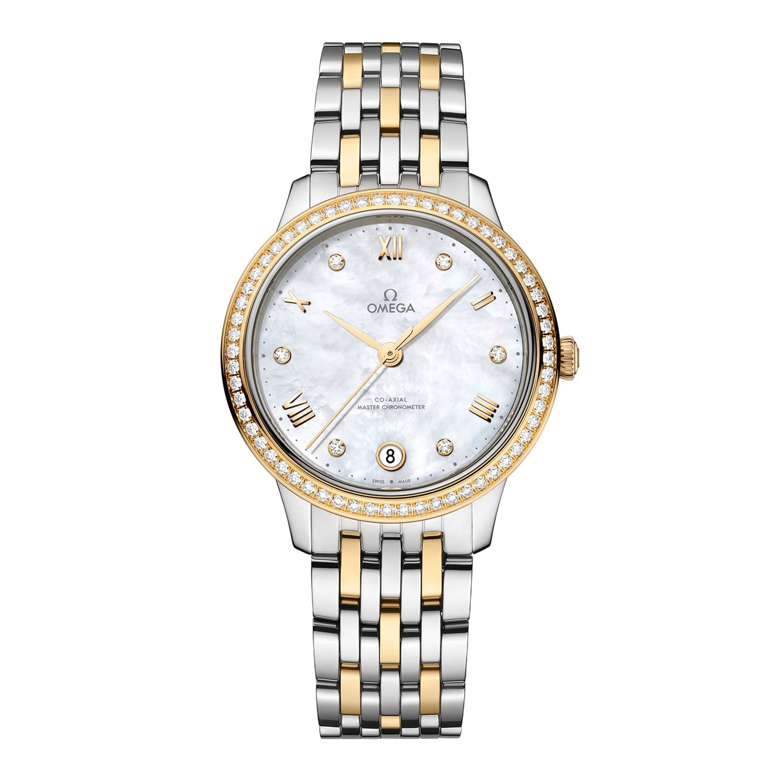 The OMEGA De Ville Prestige features a two-tone design, diamond-set bezel, mother-of-pearl dial, gold Roman numeral markers, and a date display at 6 o’clock.