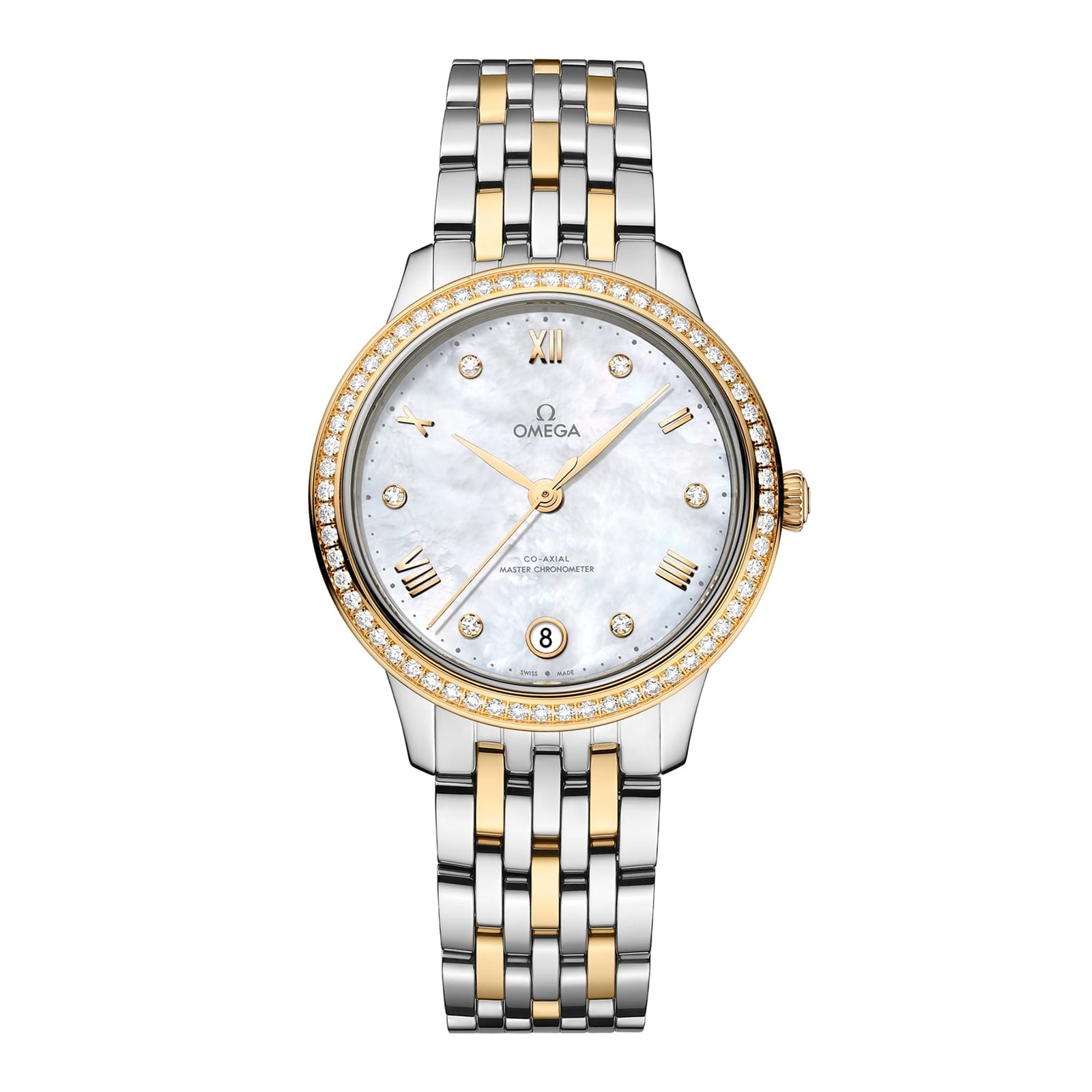 The OMEGA De Ville Prestige features a two-tone design, diamond-set bezel, mother-of-pearl dial, gold Roman numeral markers, and a date display at 6 o’clock.