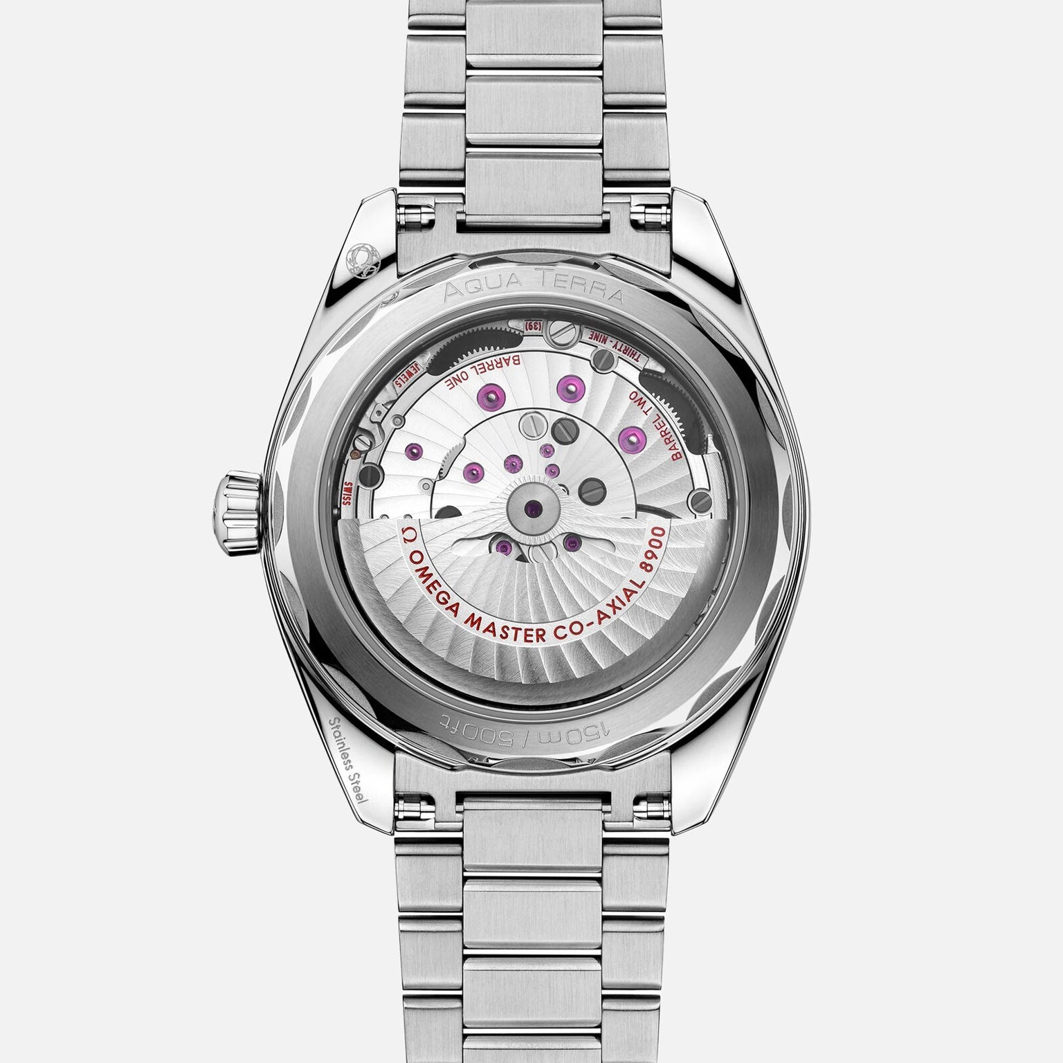 The image displays the back of an OMEGA Seamaster Aqua Terra 150M, featuring a stainless steel exhibition caseback that reveals the automatic Co-Axial Master Chronometer 8900 movement and highlights its maritime heritage.