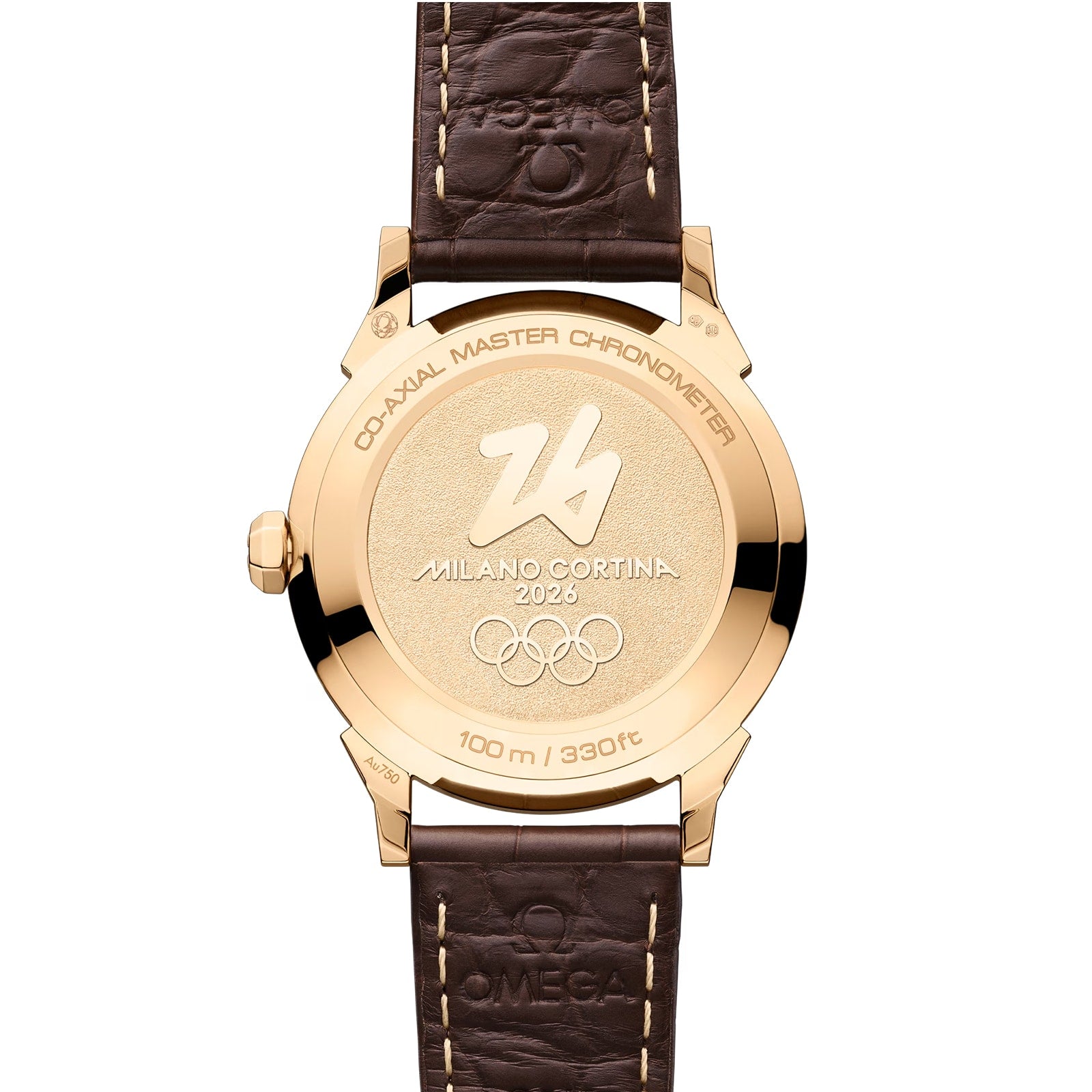 Back view of a gold OMEGA Seamaster Moonshine wristwatch with “Milano Cortina 2026” and Olympic rings engraved on the case, paired with a brown leather strap.